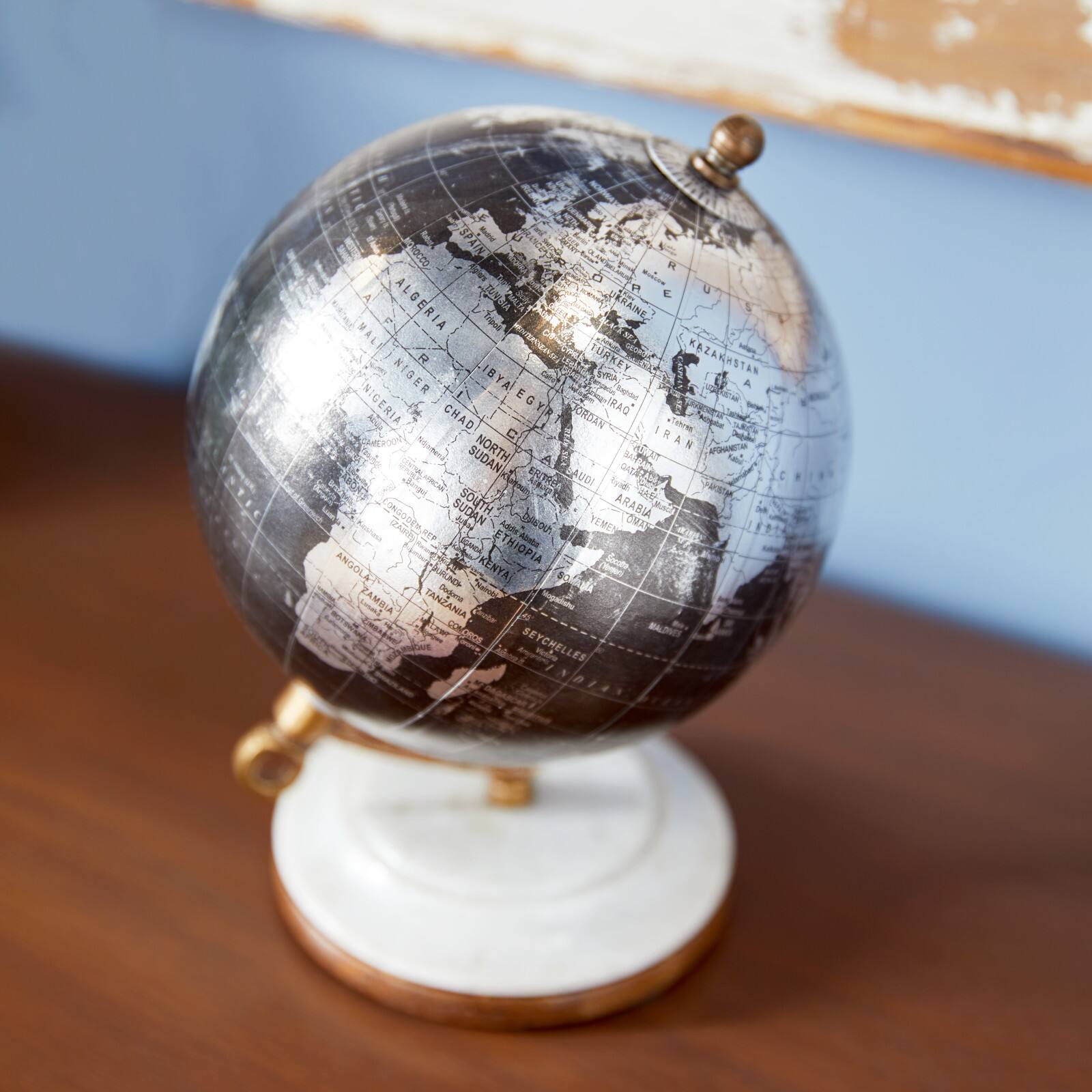 7&#x22; Black Marble &#x26; Metal Modern Globe