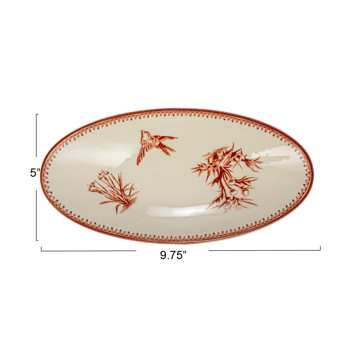 9.75&#x22; Cream &#x26; Brown Vintage Bird &#x26; Botanicals Stoneware Oval Plates, 2ct.