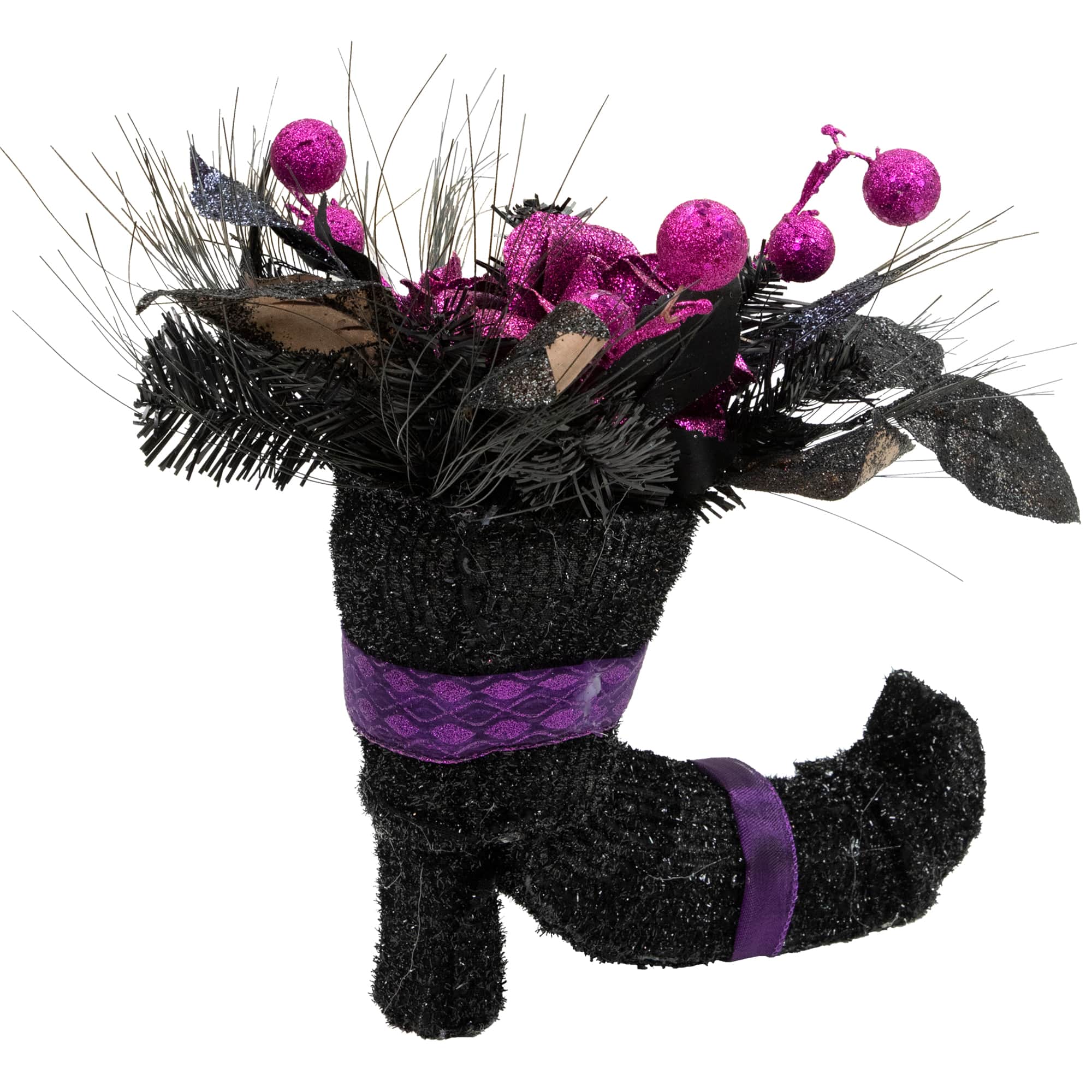 12&#x22; Black Witch&#x27;s Boot with Purple Glittered Roses Halloween Decoration