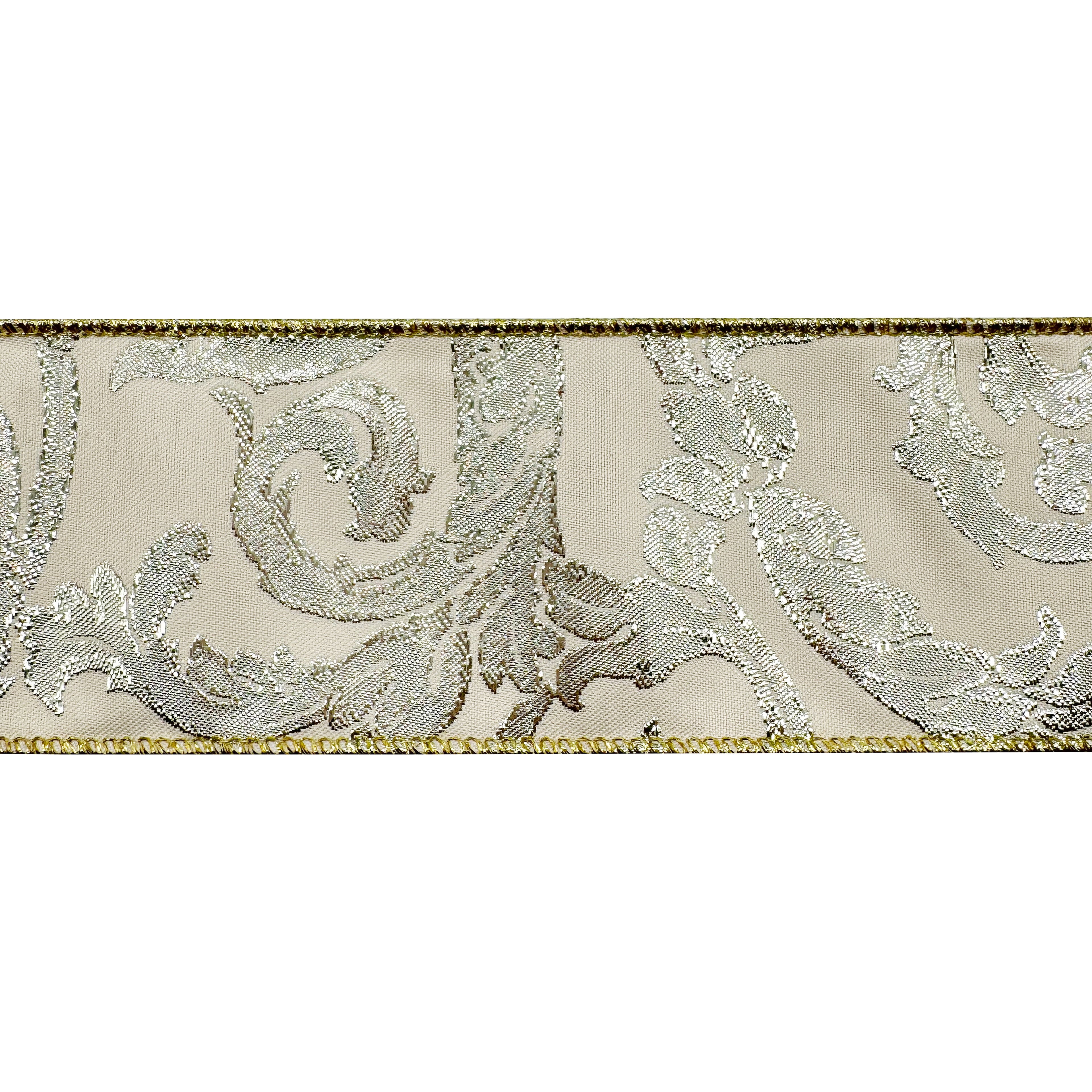 2.5&#x22; x 20ft. Cream &#x26; Silver Jacquard Scroll Wired Ribbon by Celebrate It&#xAE;