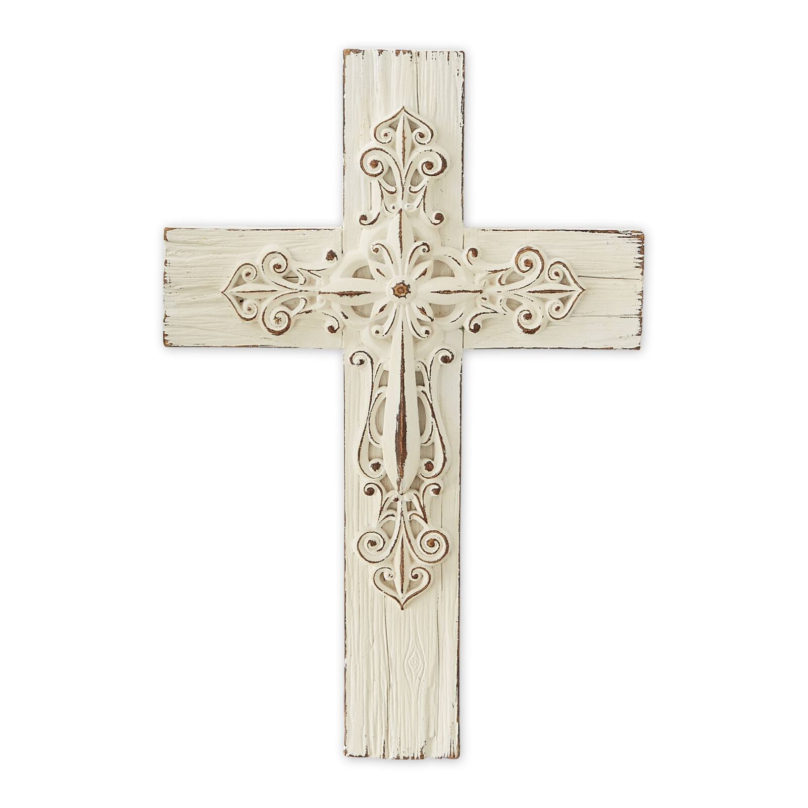 Ornate Whitewashed Cross 9&#x22; x 0.5&#x22; x 13.5&#x22;