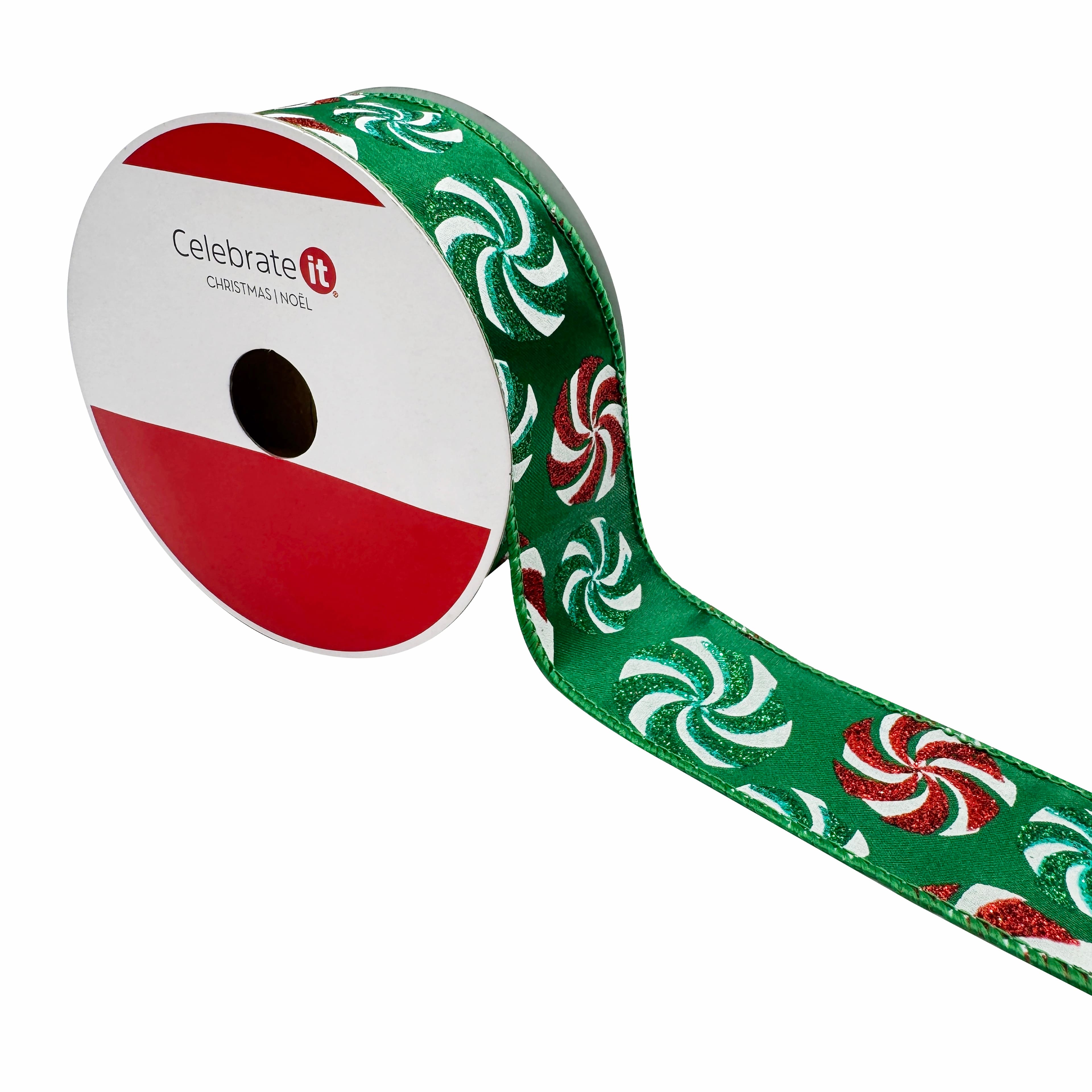 1.5&#x22; x 30ft. Green Glitter Peppermints Wired Ribbon by Celebrate It&#xAE;