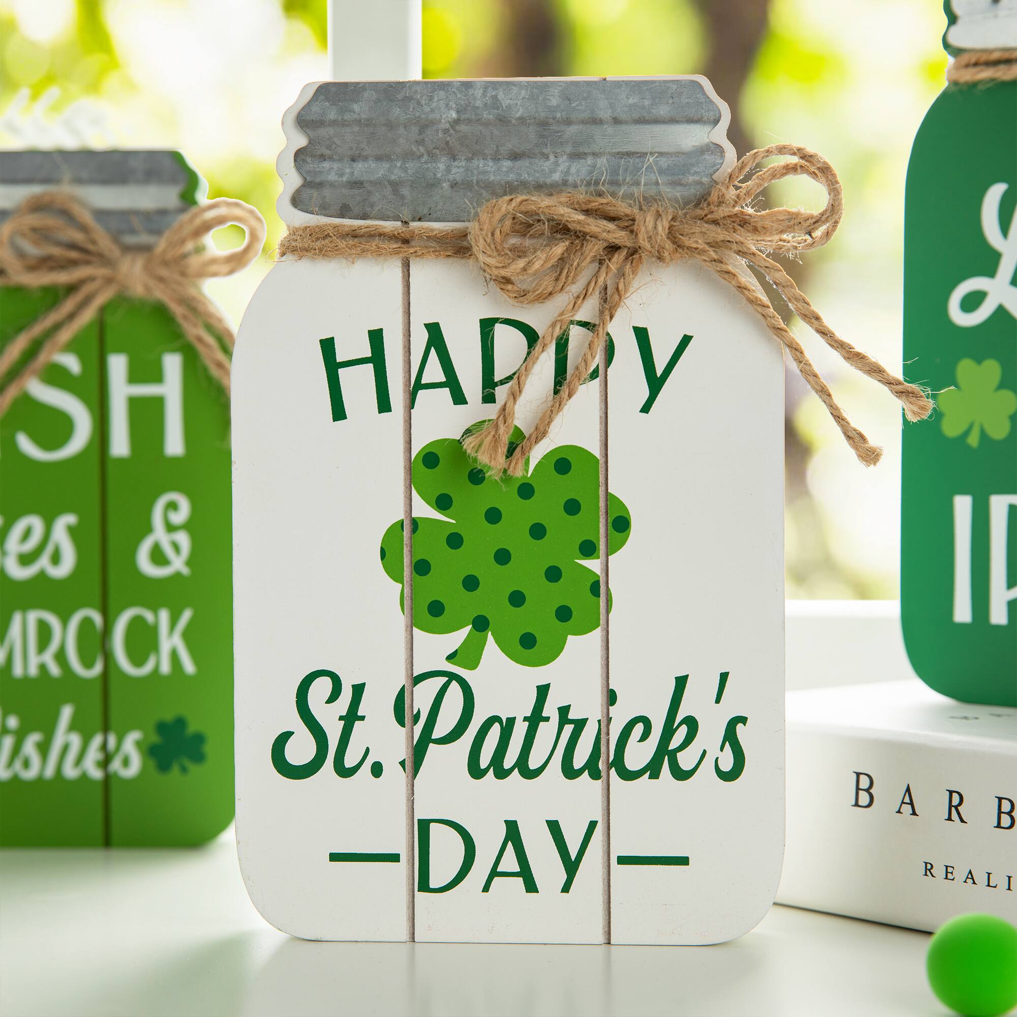 Glitzhome® 7" Set of 3 St. Patrick's Wooden Mason Jar Table decor