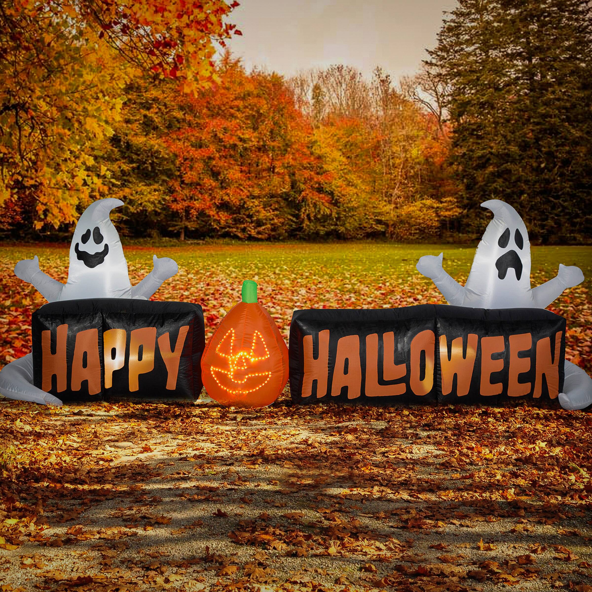 9ft. Airblown&#xAE; Inflatable Happy Halloween Sign with Ghosts &#x26; Flashing Lights