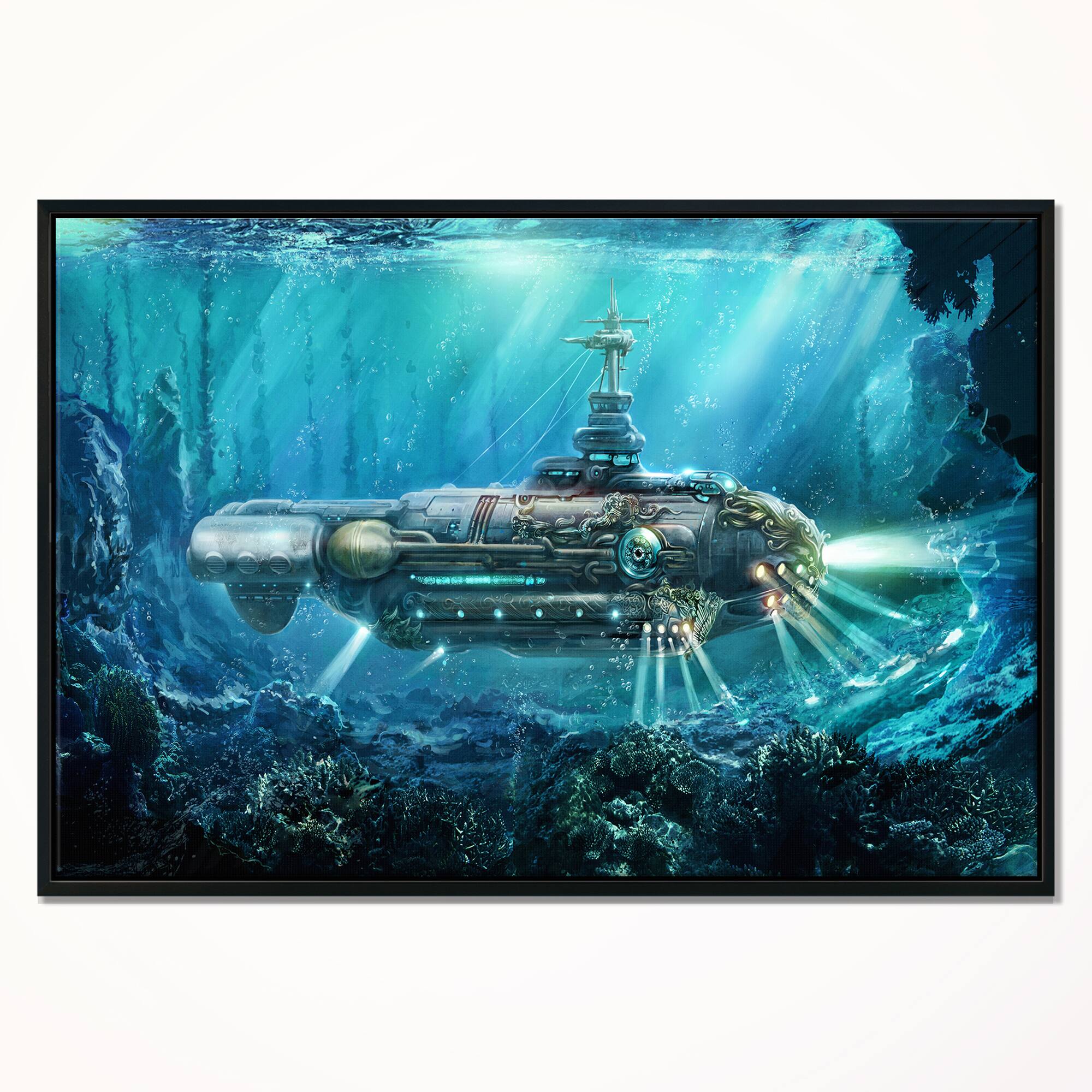 Designart - Fantastic Submarine - Abstract Canvas Art Print in Black Frame