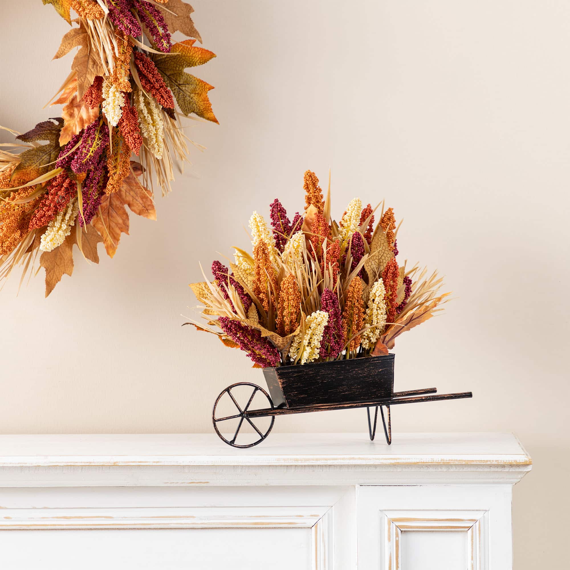 Glitzhome&#xAE; 15&#x22; Fall Multi-Colored Sorghum Cart Centerpiece