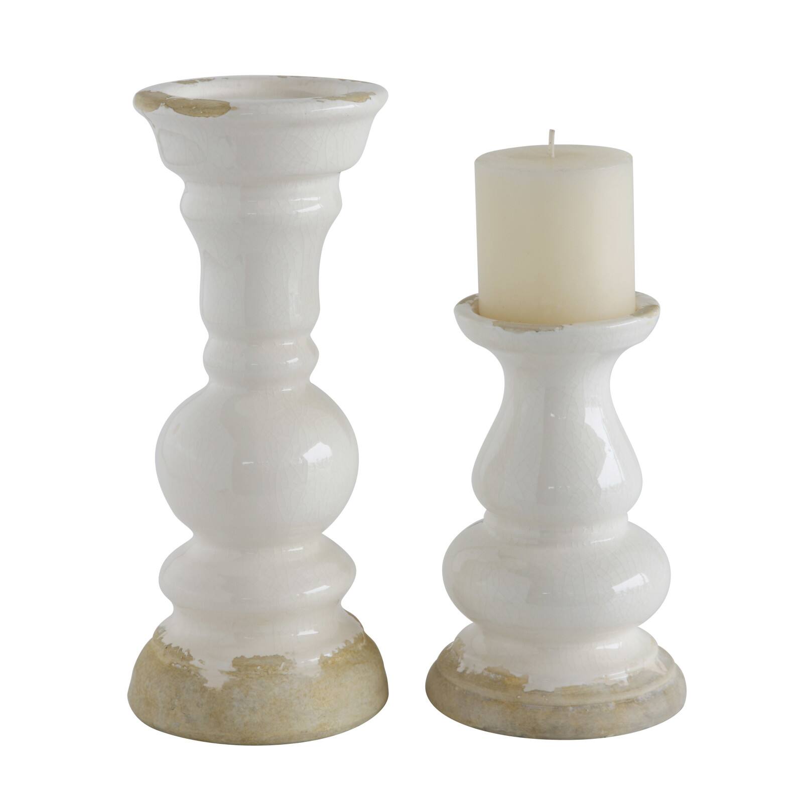 12&#x27;&#x27; Distressed White Stoneware Pillar Candle Holder