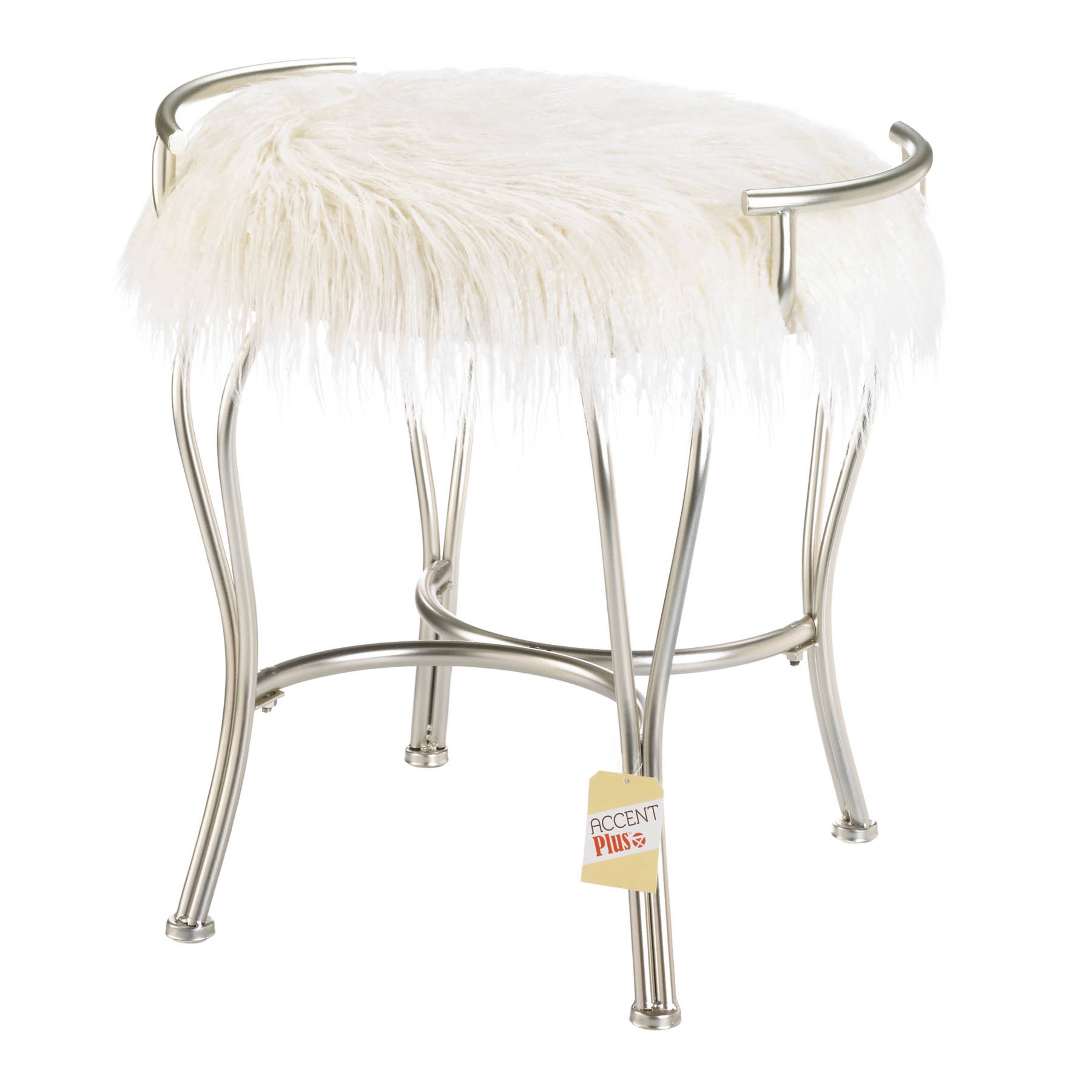 21.25&#x22; White Faux Fur Vanity Stool