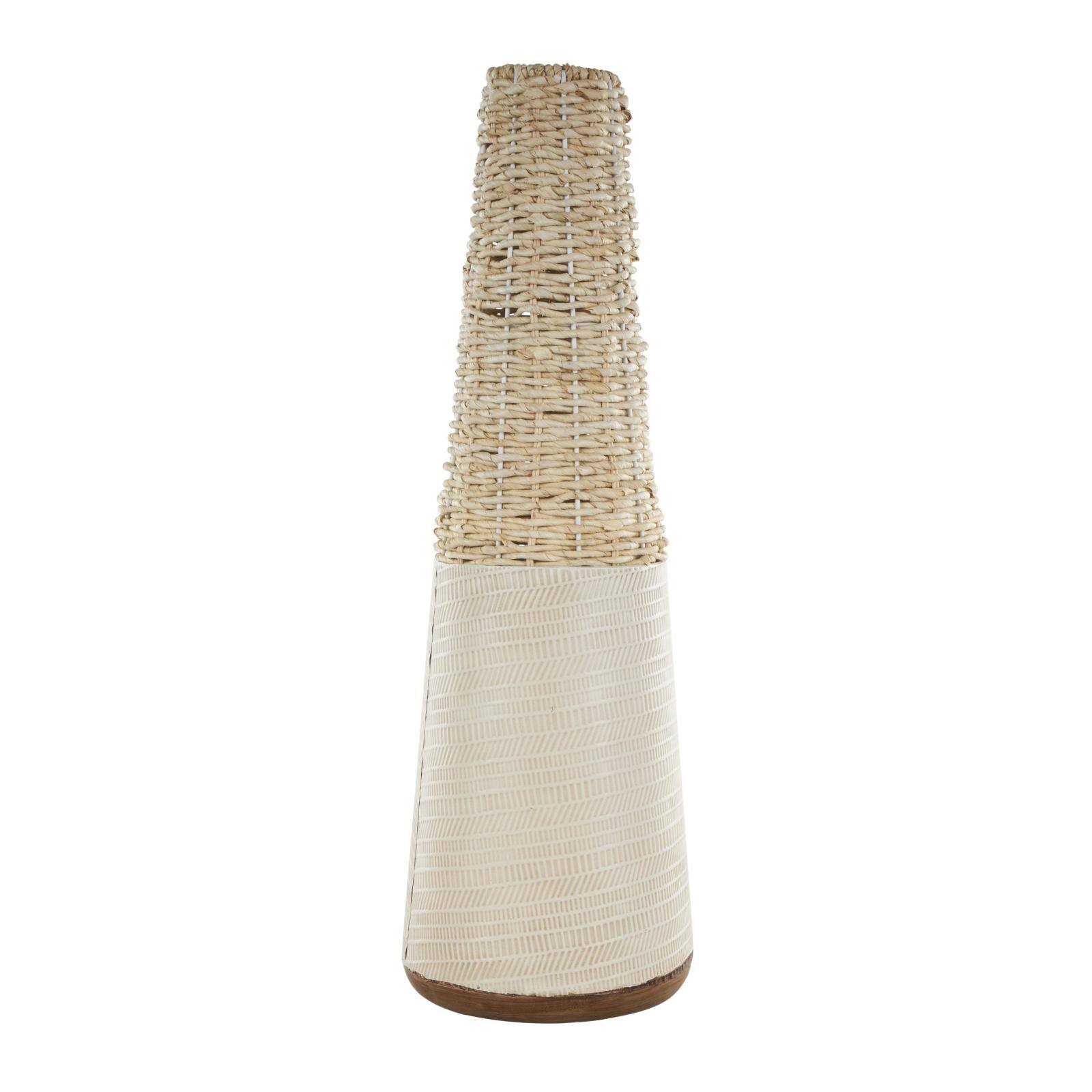 Light Brown Rattan Handmade Woven Vase with Beige Metal Base