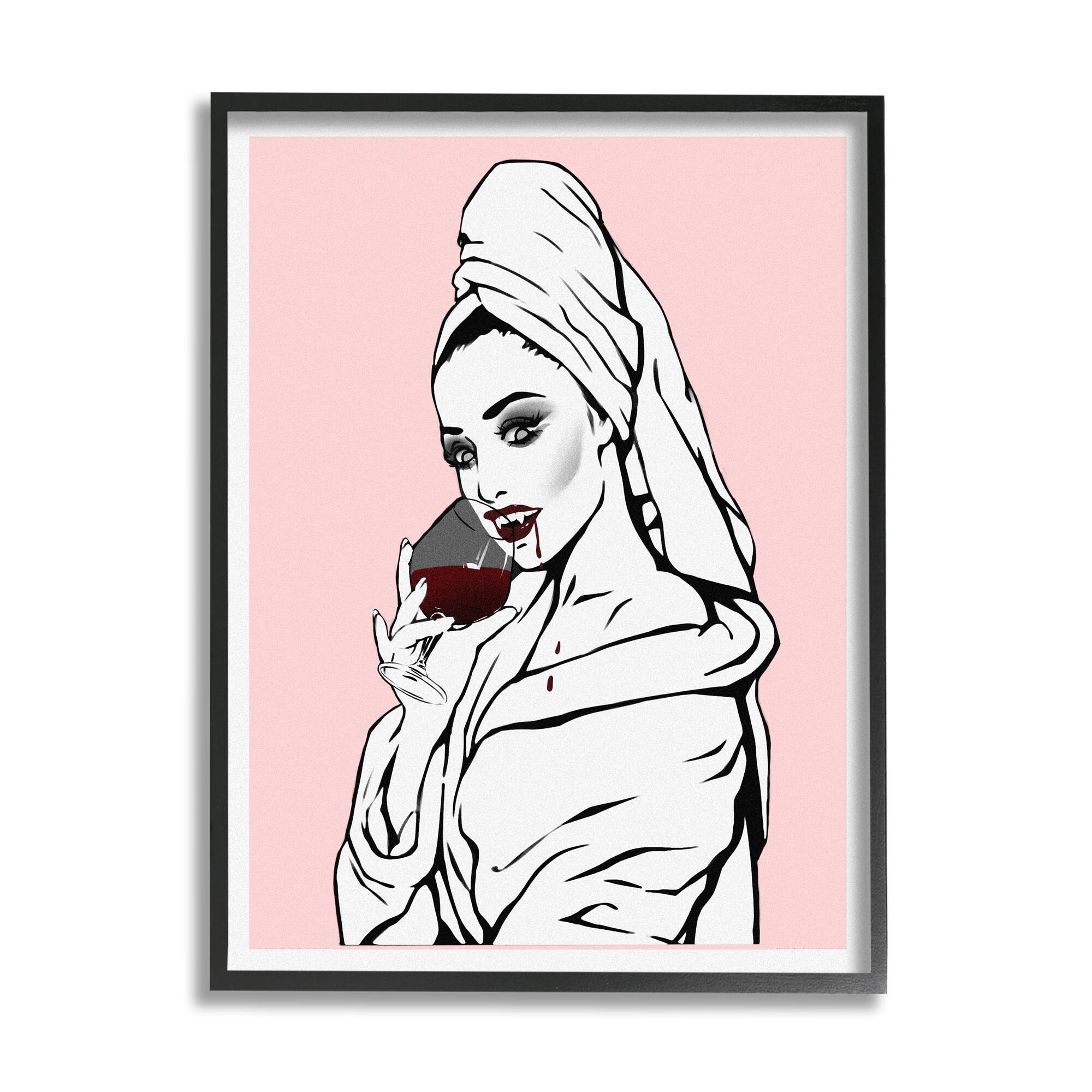 Stupell Industries Pink Vampire Fashionista Drinking Wine Framed Giclee Art