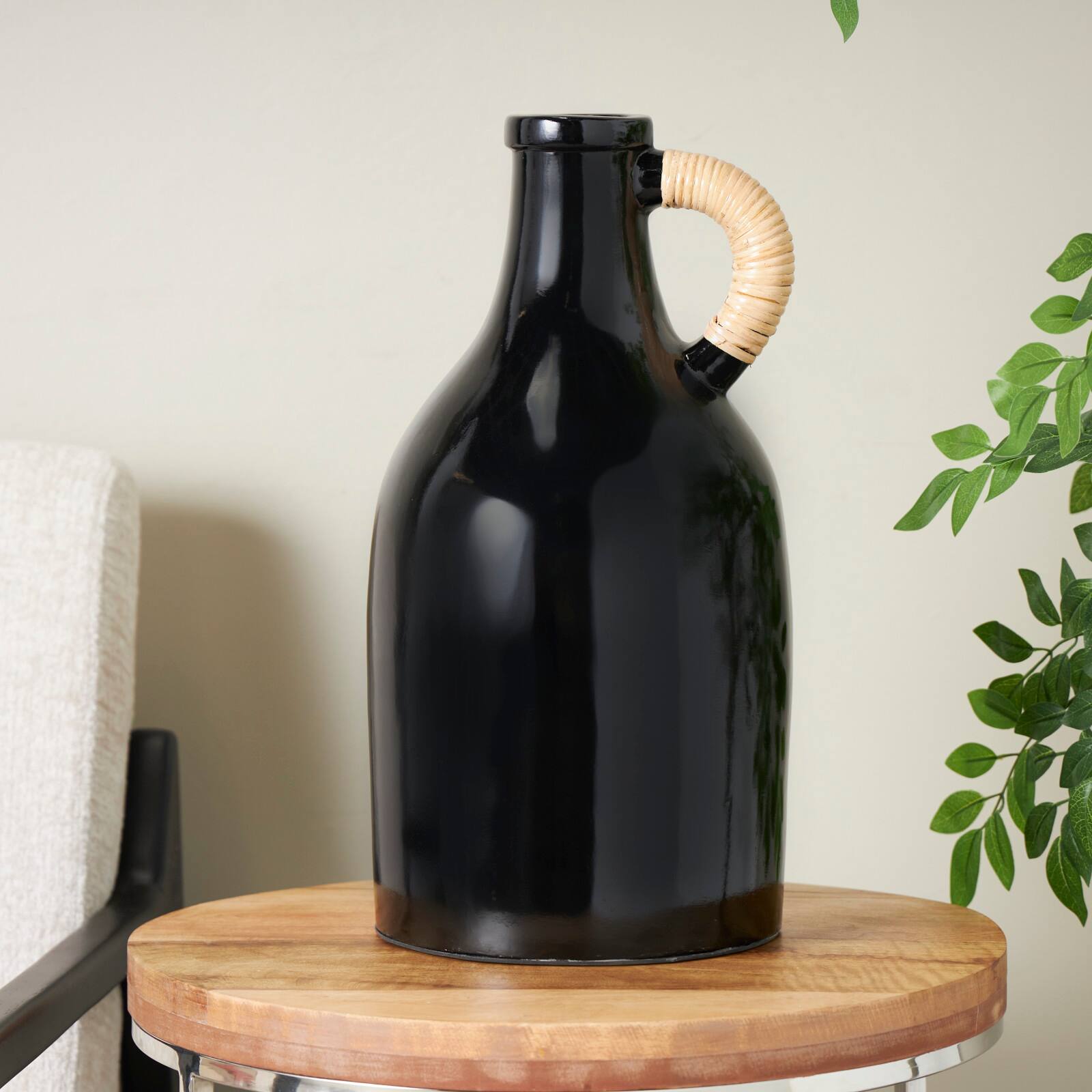 18" Black Ceramic Jug Inspired Vase with Rattan Wrapped Handle