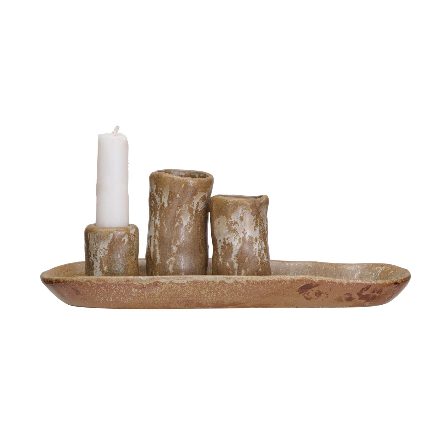 Brown Stoneware Vases &#x26; Candle Holder on Tray