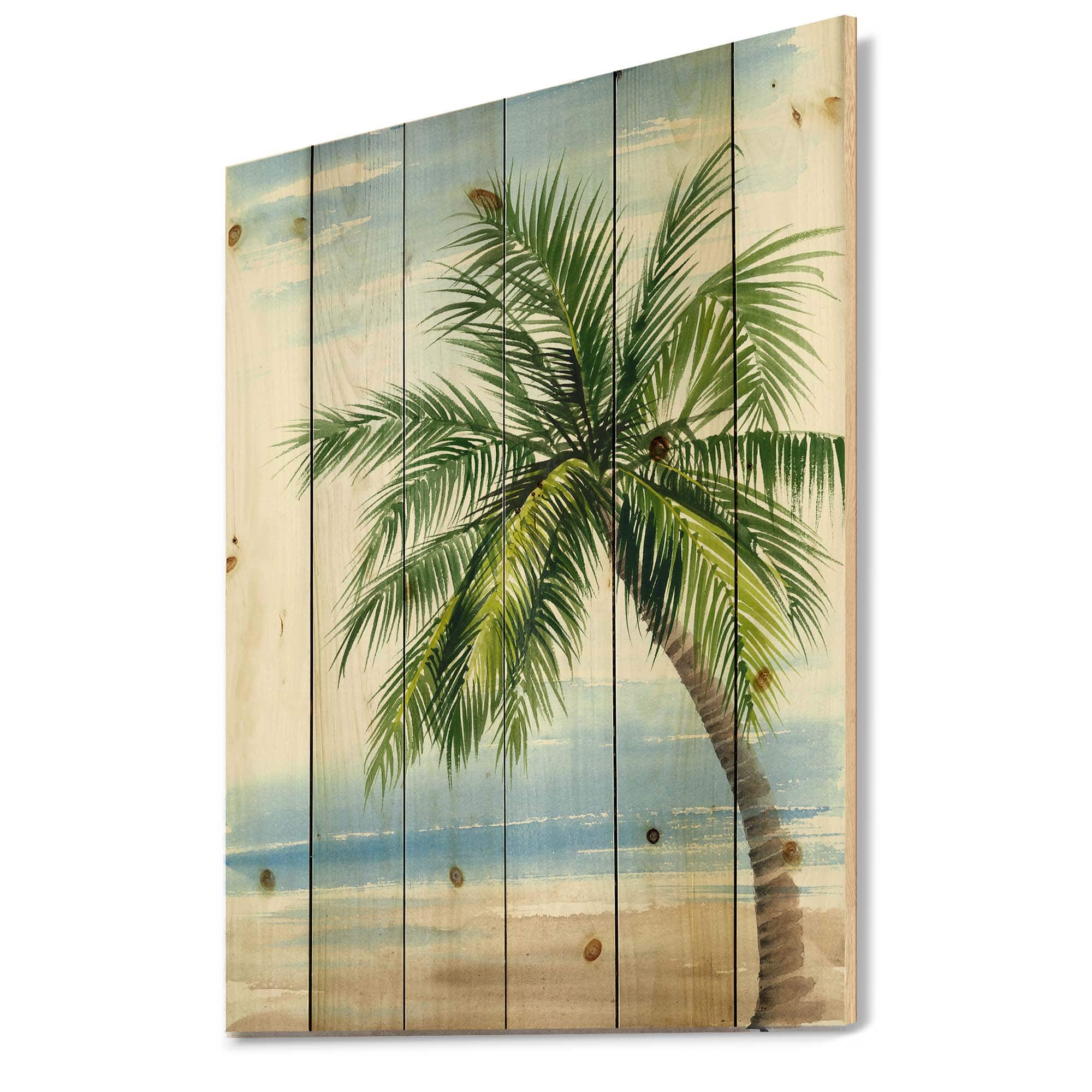 Designart - Palm Tree At The Beach Resort - Nautical & Coastal Print on Natural Pine Wood
