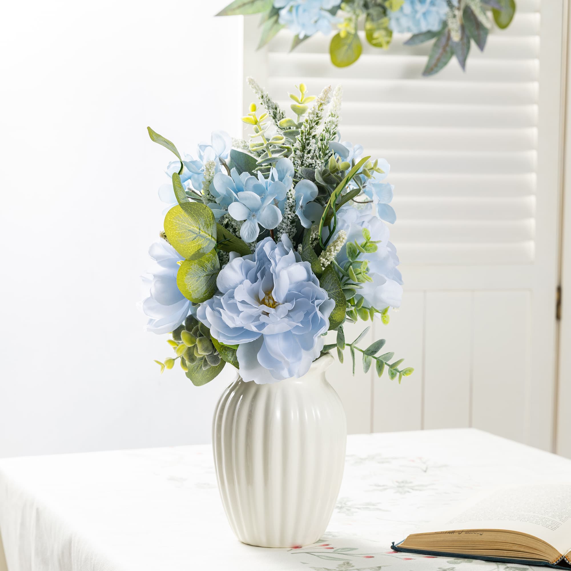Glitzhome® 18" Blue Peony & Hydrangea with Ceramic Vase Centerpiece
