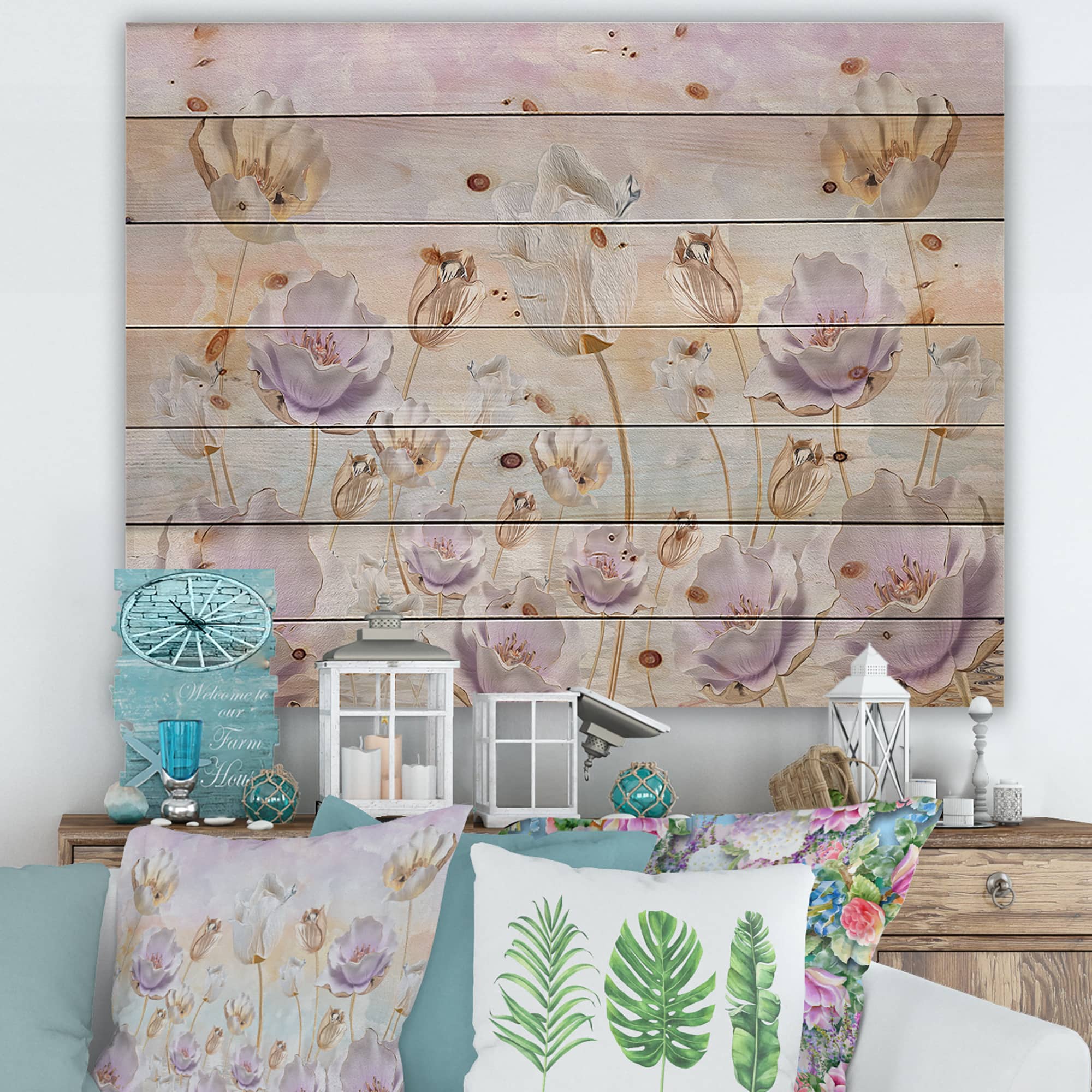 Designart - Blossoming Flowers In Pastel Tones - Traditional Print on Natural Pine Wood