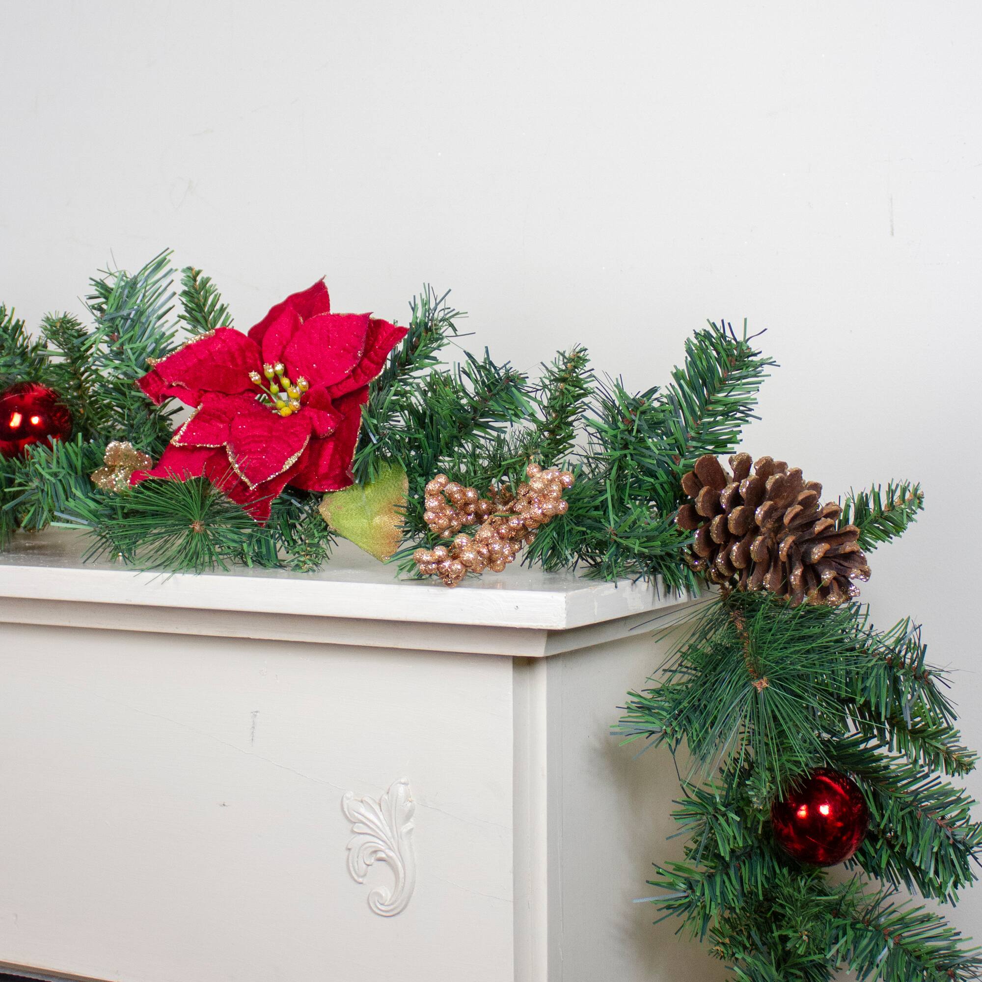 Red Balls &#x26; Poinsettias Gold Pine Cones with Berries Pine Garland, Unlit