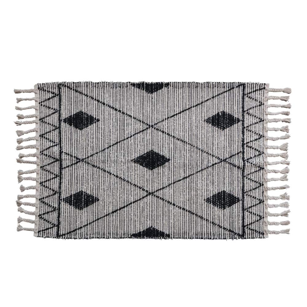 Hello Honey® Black & White Scandinavian Handwoven Cotton Rug With Geometric Pattern & Fringe, 72" x 48"