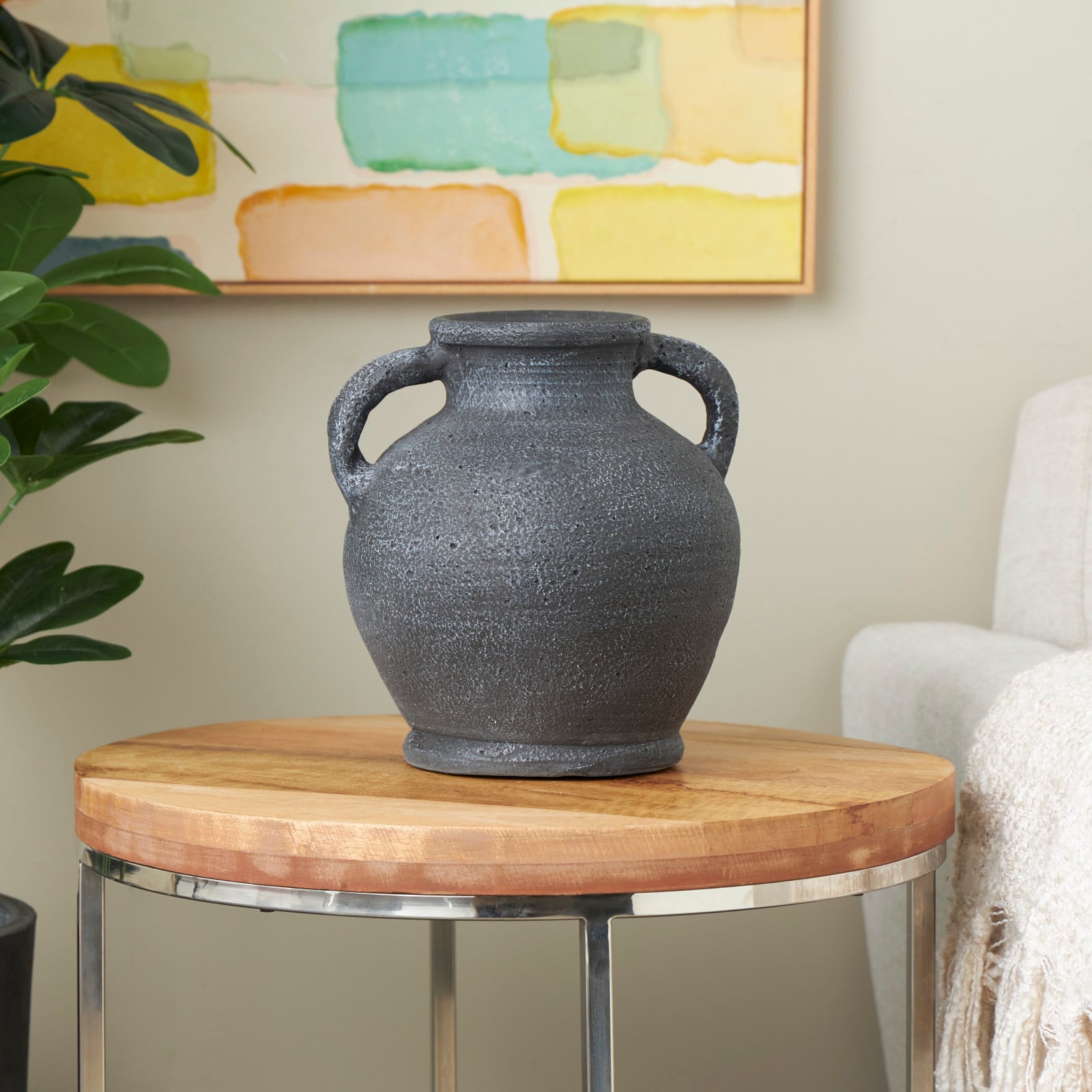 10.5" Black Ceramic Textured Whitewashed Vase with Handles