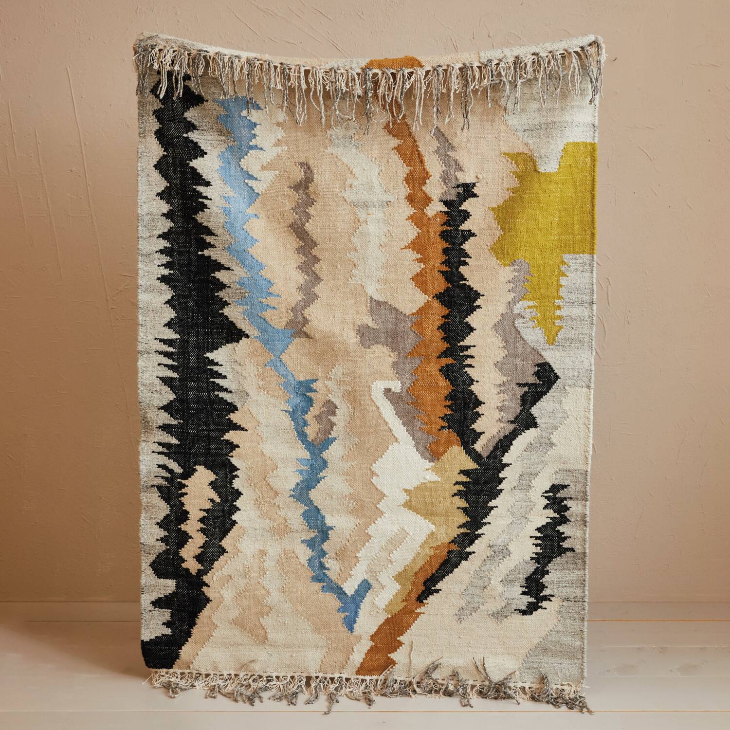 Hello Honey® 4ft. x 6ft. Multicolor Woven Wool & Cotton Blend Kilim Rug with Fringe