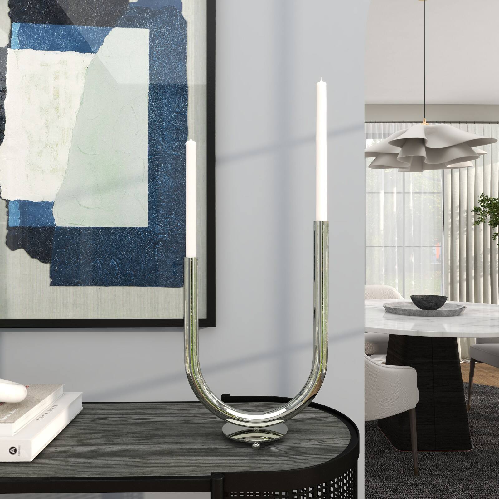 14" Silver Stainless Steel Abstract U-Shaped Candelabra
