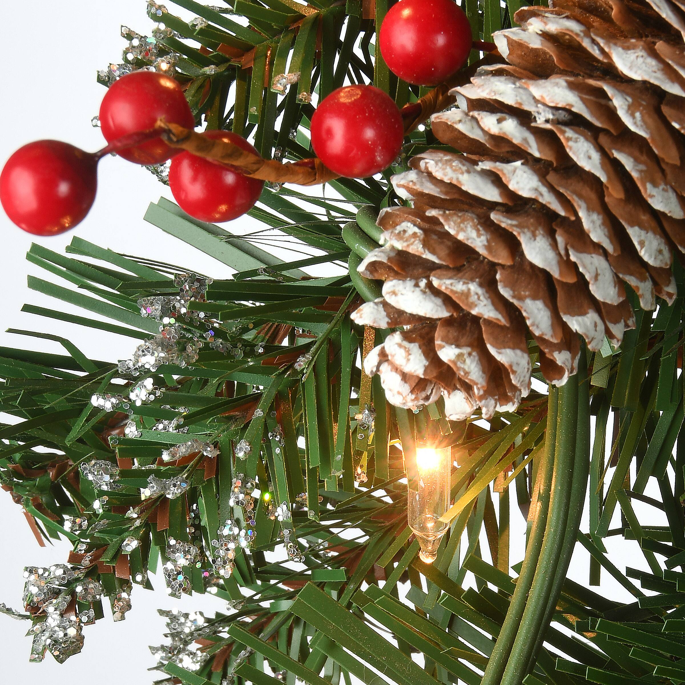 9&#x27; x 10&#x22; Pre-lit Glittery Mountain Spruce Artificial Christmas Garland with White Edged Cones, Red Berries and 50 Clear Lights