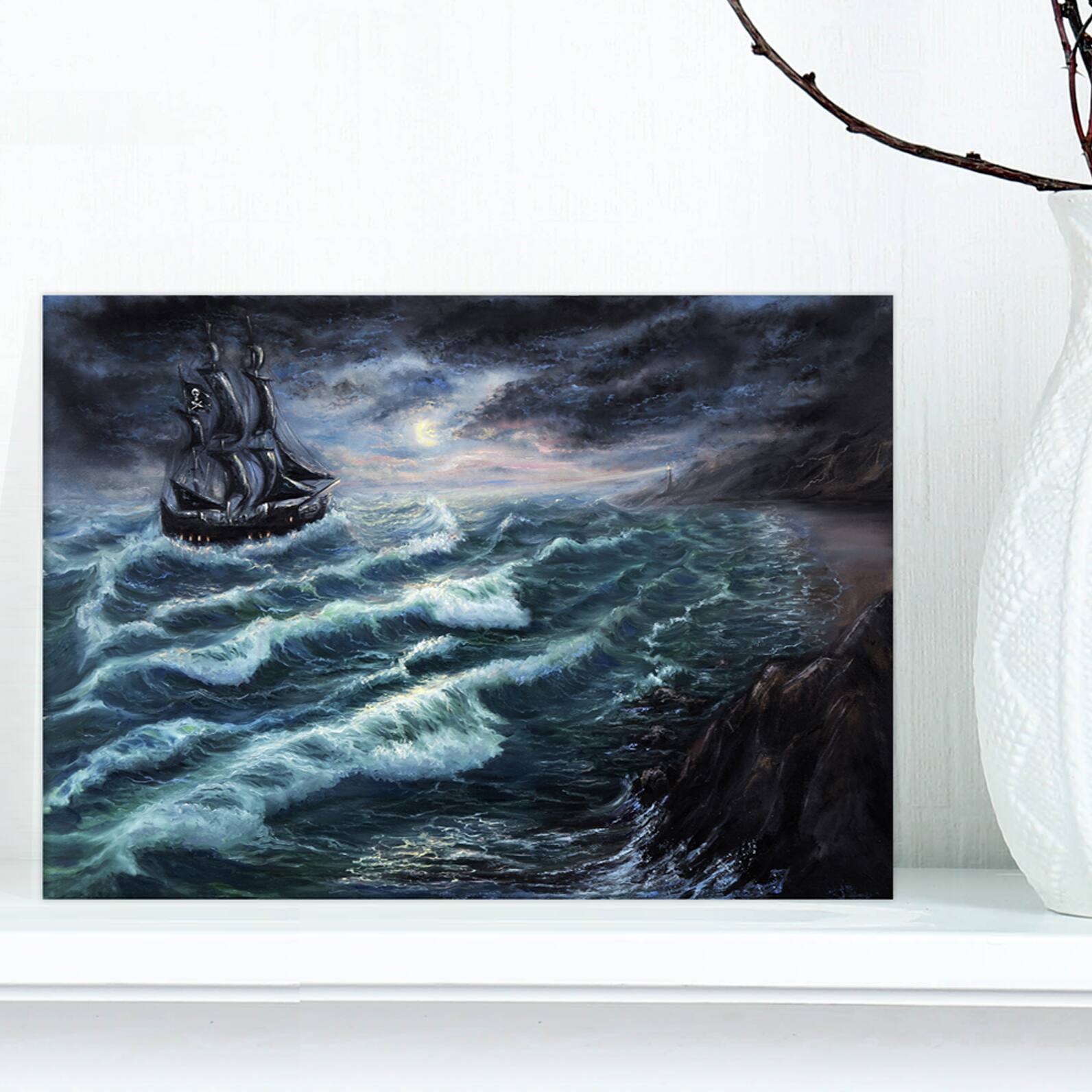 Designart - Pirate Ship Under Stormy Cloud - Sea &#x26; Shore Painting Print on Wrapped Canvas