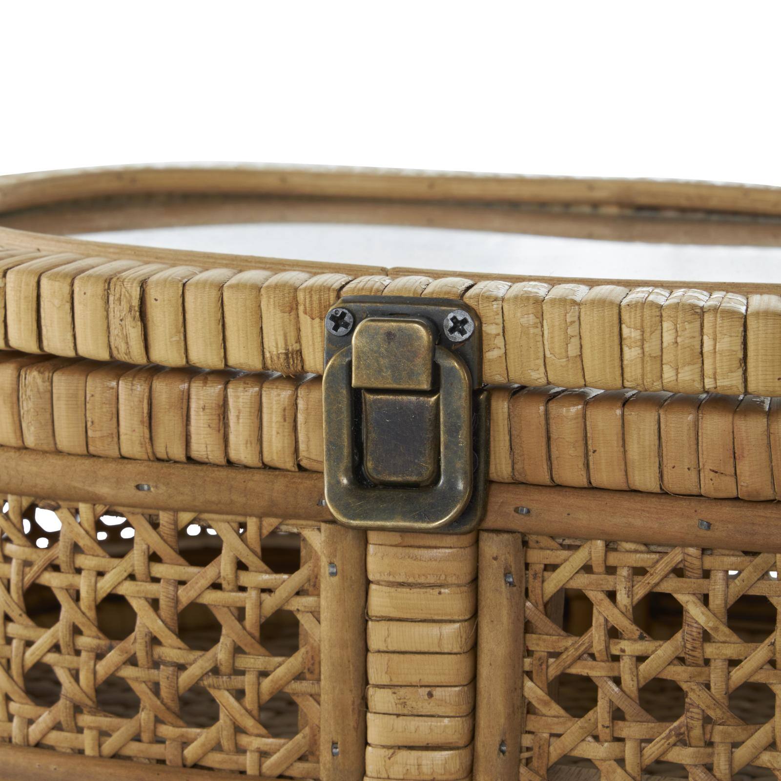 Brown Oval Rattan Storage Box Set with Pane Panels & Glass Tops