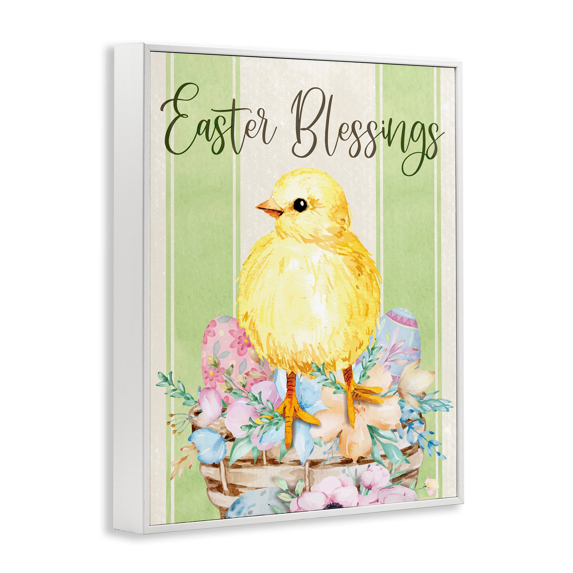 Stupell Industries Easter Blessings Text Striped Yellow Chick Egg Basket Framed Giclee Art