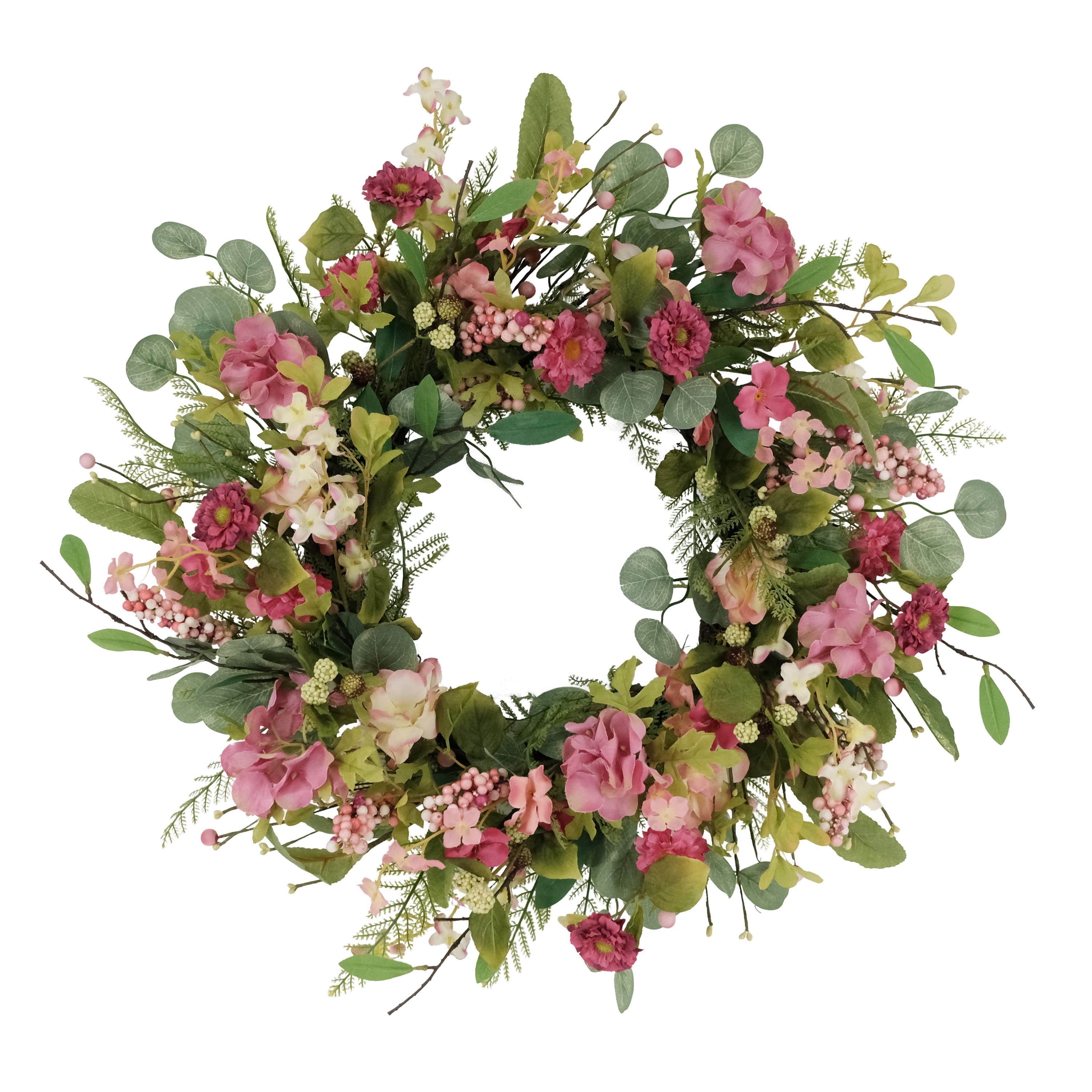 24&#x22; Pink Mum &#x26; Hydrangea Floral Spring Wreath
