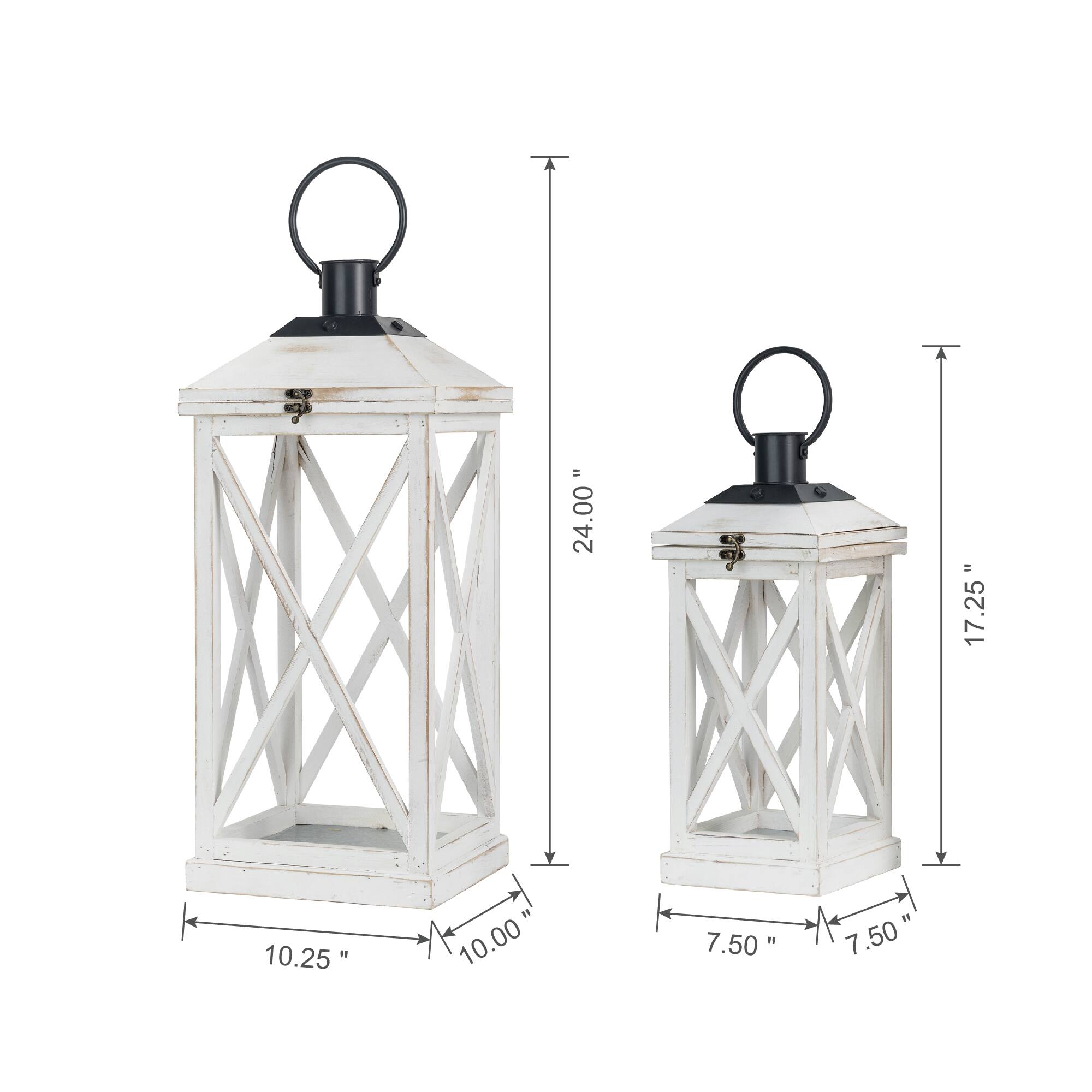Modern Farmhouse White Wooden Lantern Set, 24" & 17"