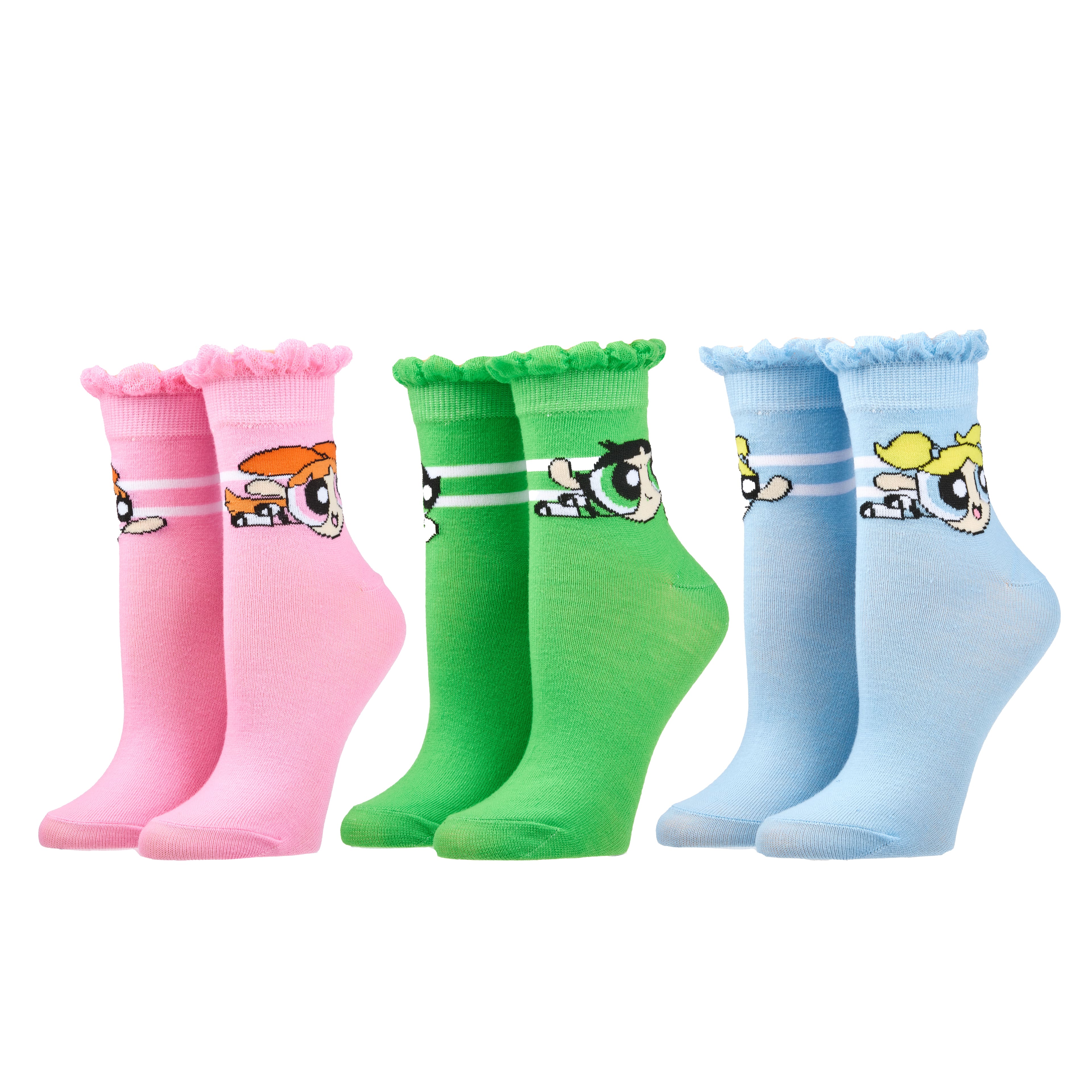 The Powerpuff Girls 3 Pair Adult Ruffled Quarter Crew Sock Set