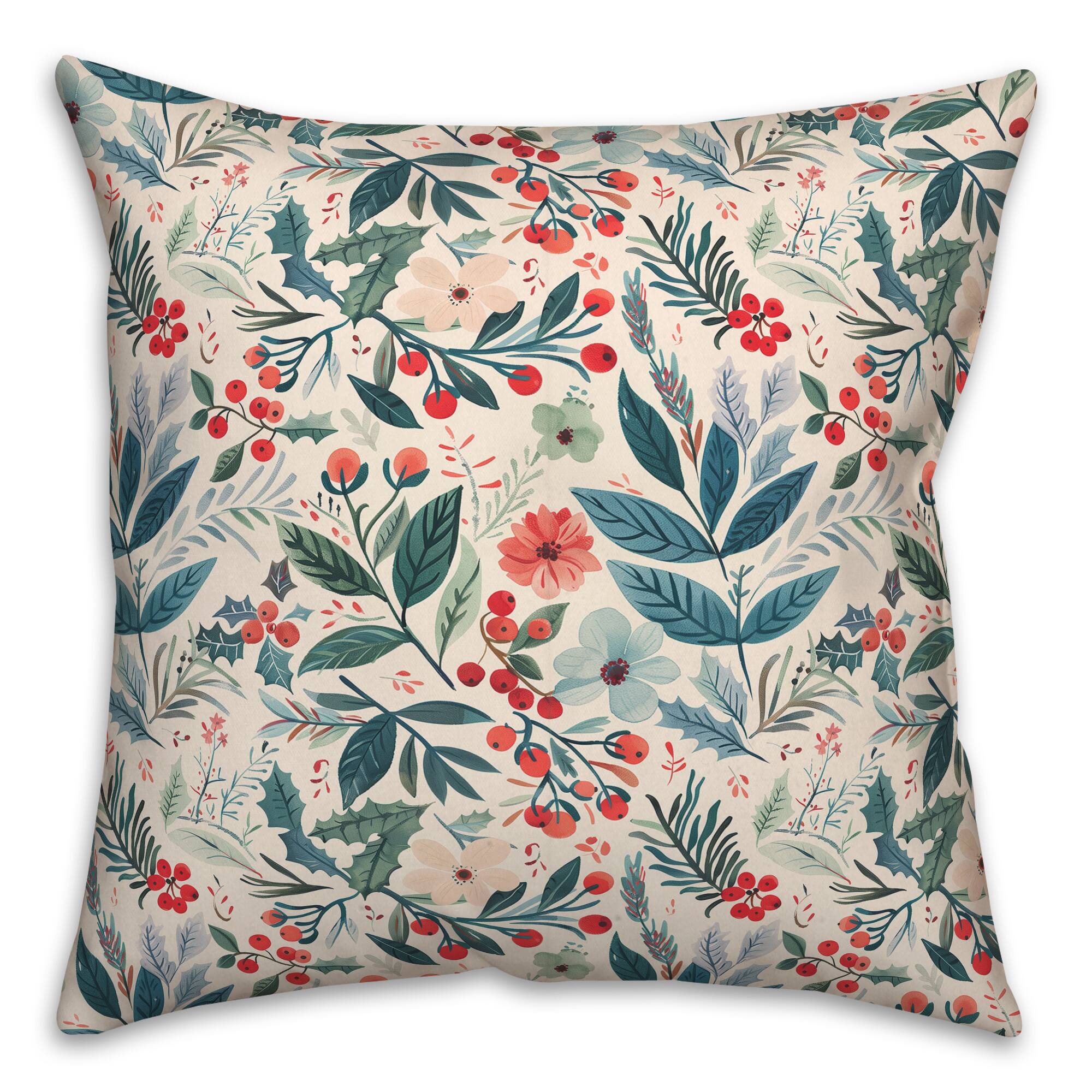 Watercolor Christmas Botanical 18&#x22; x 18&#x22; Indoor / Outdoor Pillow