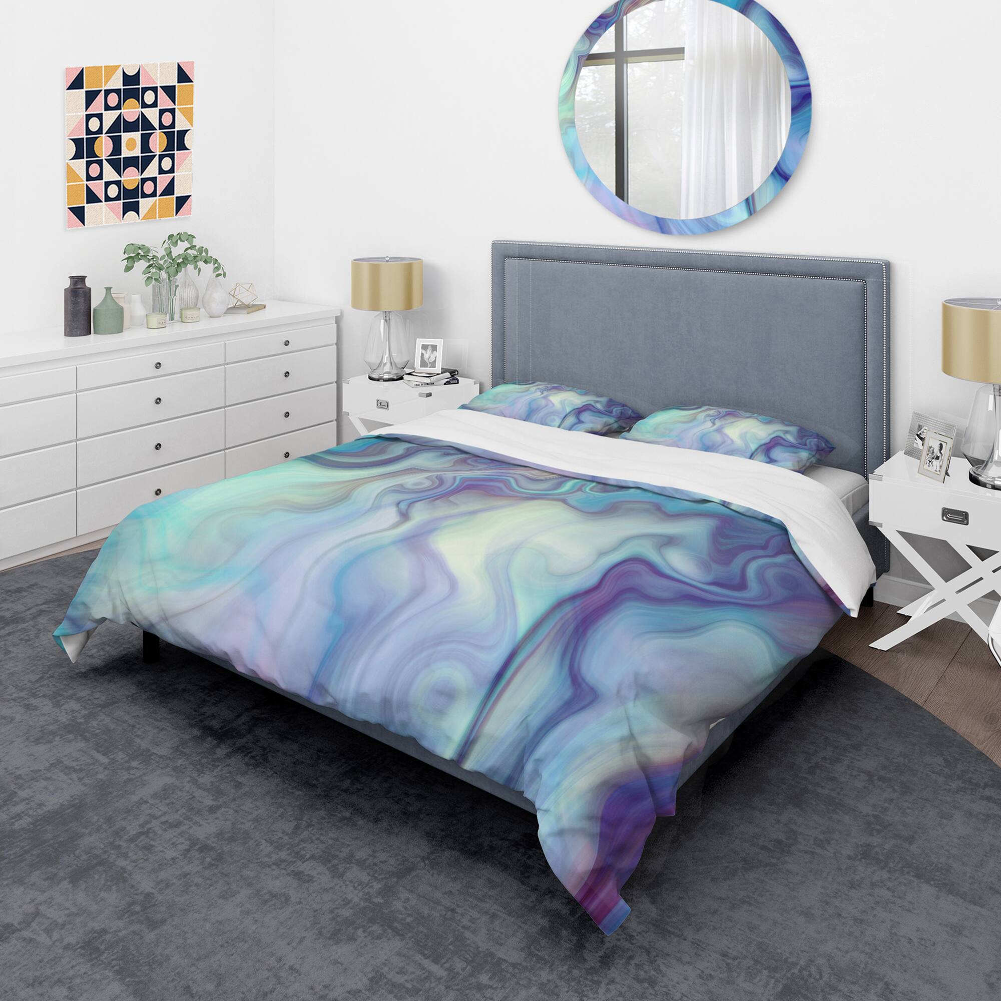 Designart Marbled Colours in Shades of Turquoise & Purple Modern & Contemporary Duvet Cover & Sham Set