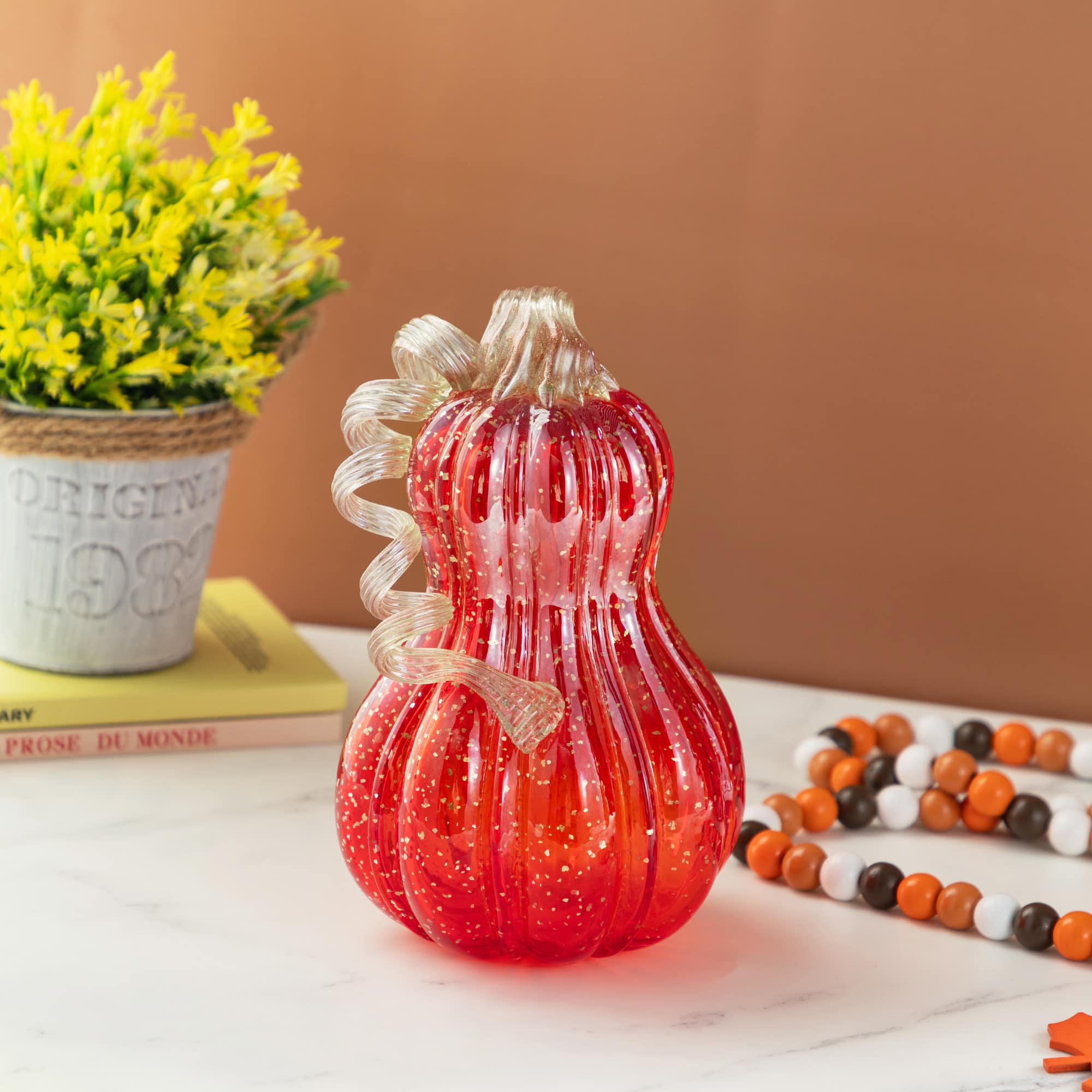 Glitzhome&#xAE; 8.5&#x22; Fall Red Glass Gourd with Glitter