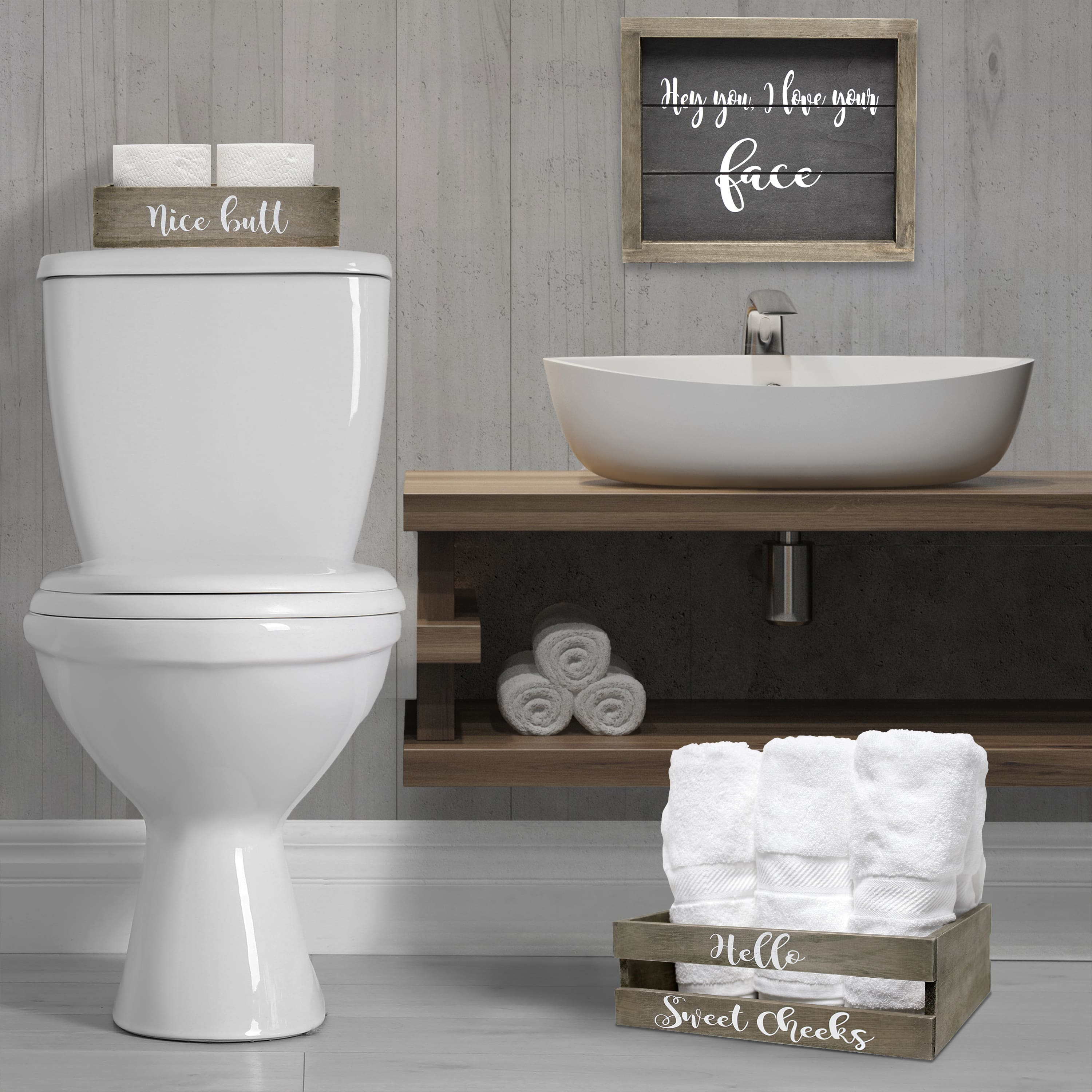 Elegant Designs Small Rustic Gray Cheeky Towel Holder, Frame & Toilet Paper Holder Set