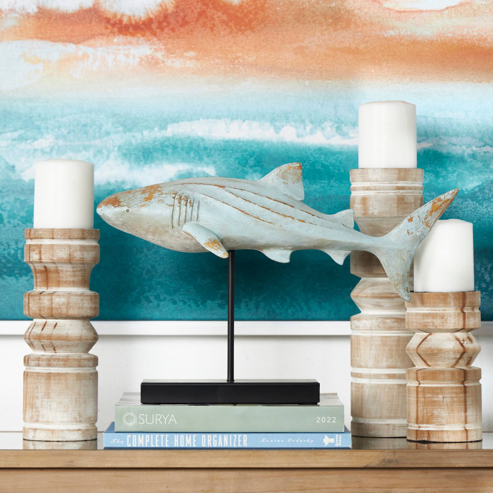 17" Light Blue Carved Shark Sculpture with Base