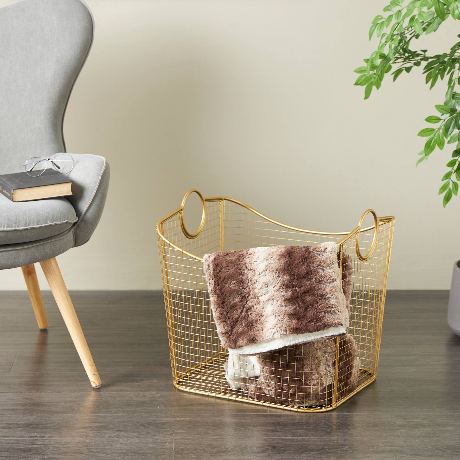 20&#x22; Gold Metal Storage Basket with Curved Sides &#x26; Ring Handles