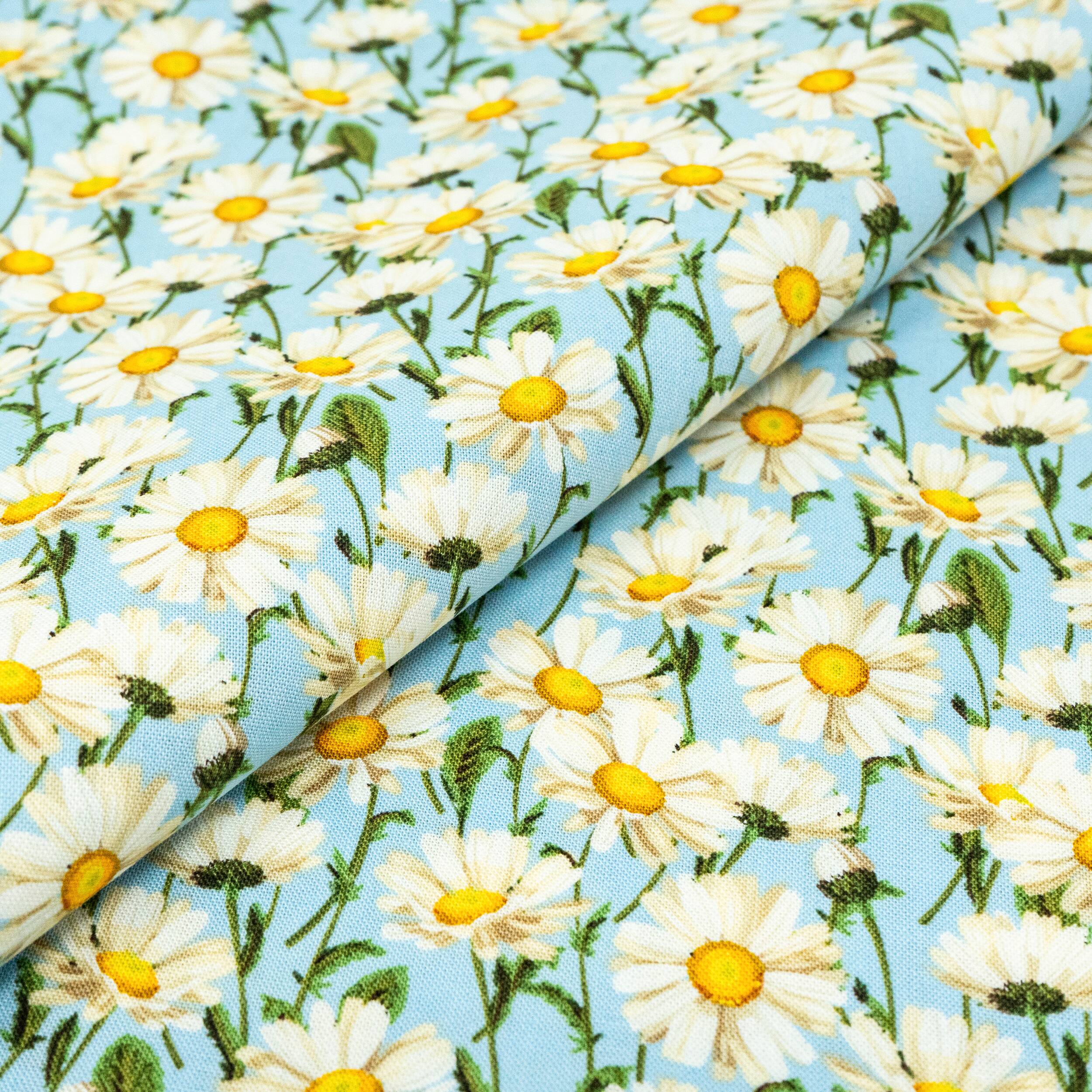 SINGER Daisys on Blue Cotton Fabric