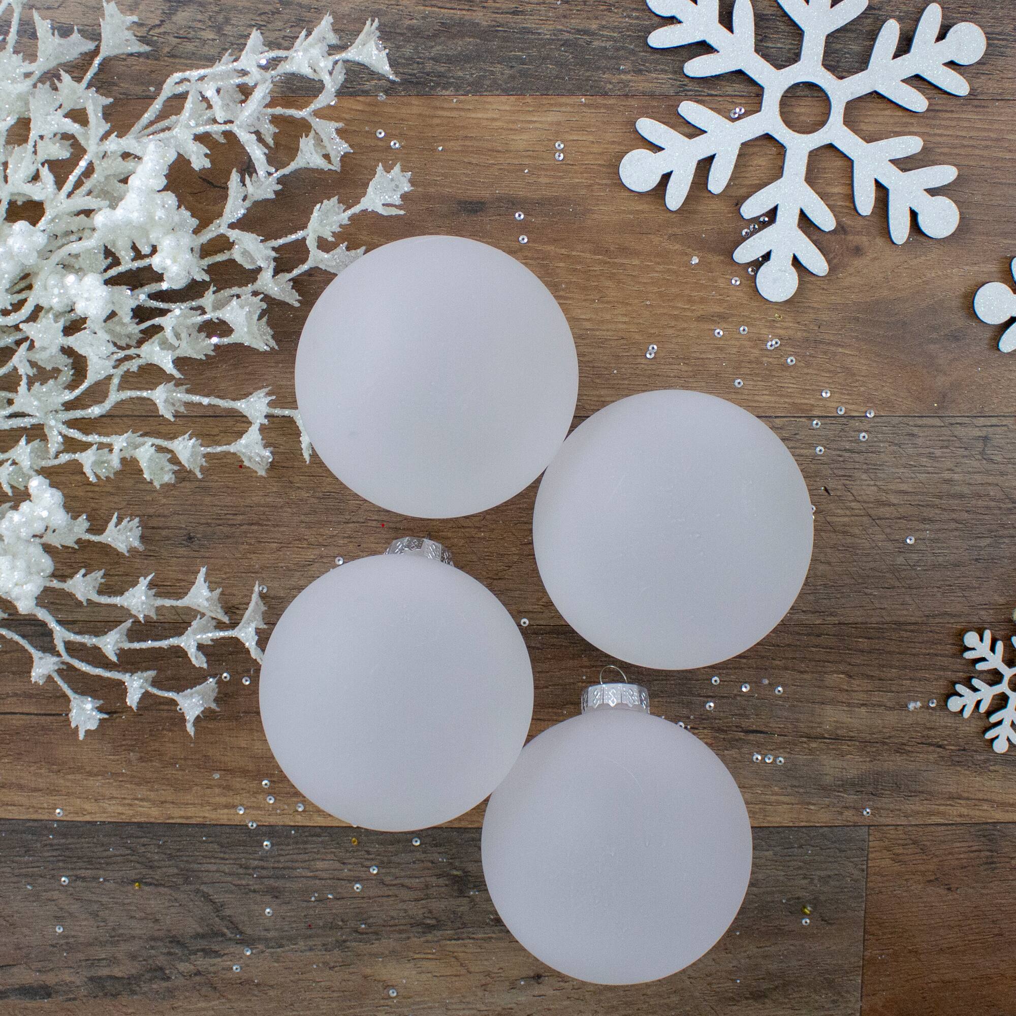 4ct. 4" White & Silver Frosted Matte Glass Ball Ornaments