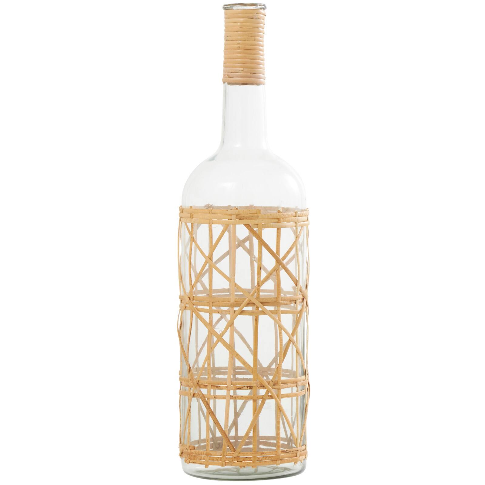 23" Clear Glass Handmade Tall Vase with Light Brown Rattan Woven Body and Neck