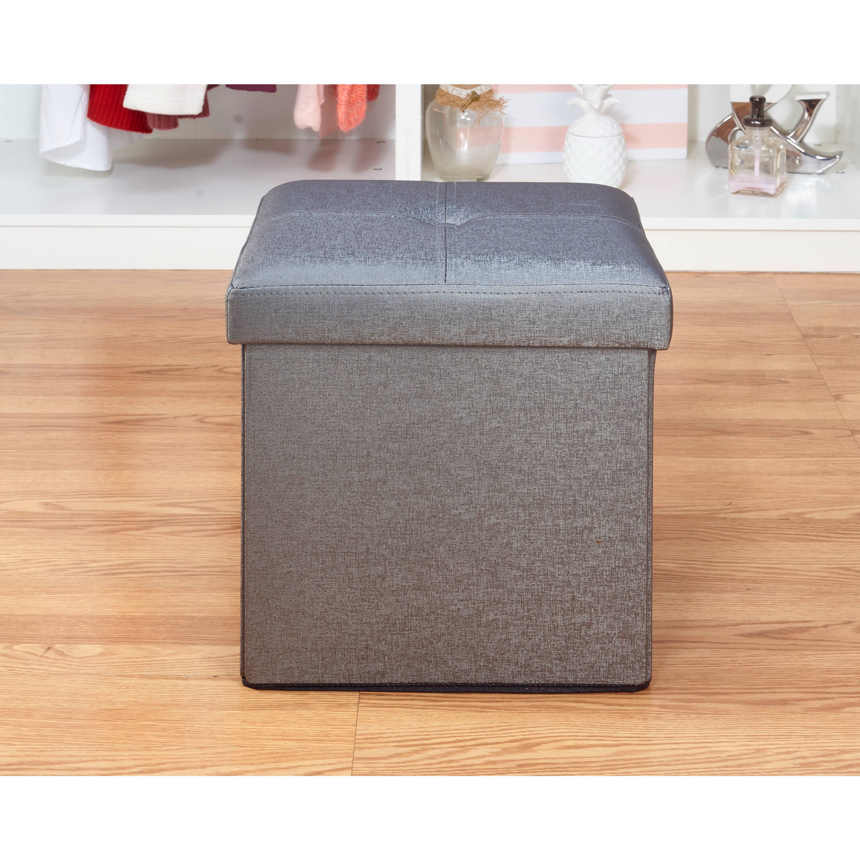 Simplify Metallic Faux Leather Folding Storage Ottoman Cube