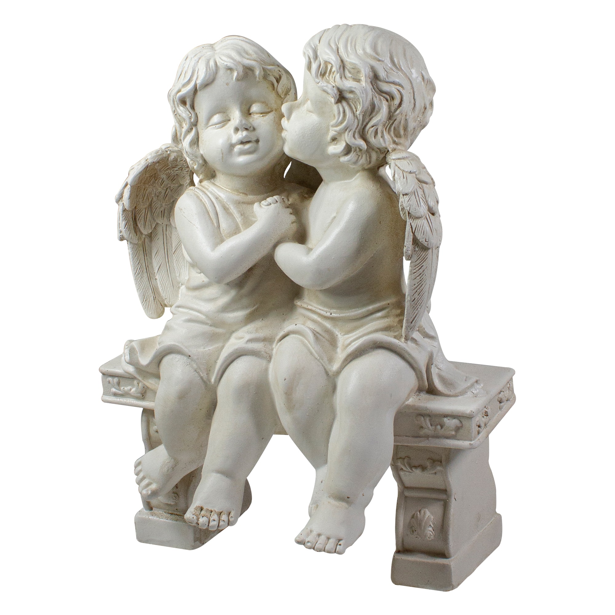 9.75&#x22; Kissing Cherubs Sitting on Bench Outdoor Garden Statue