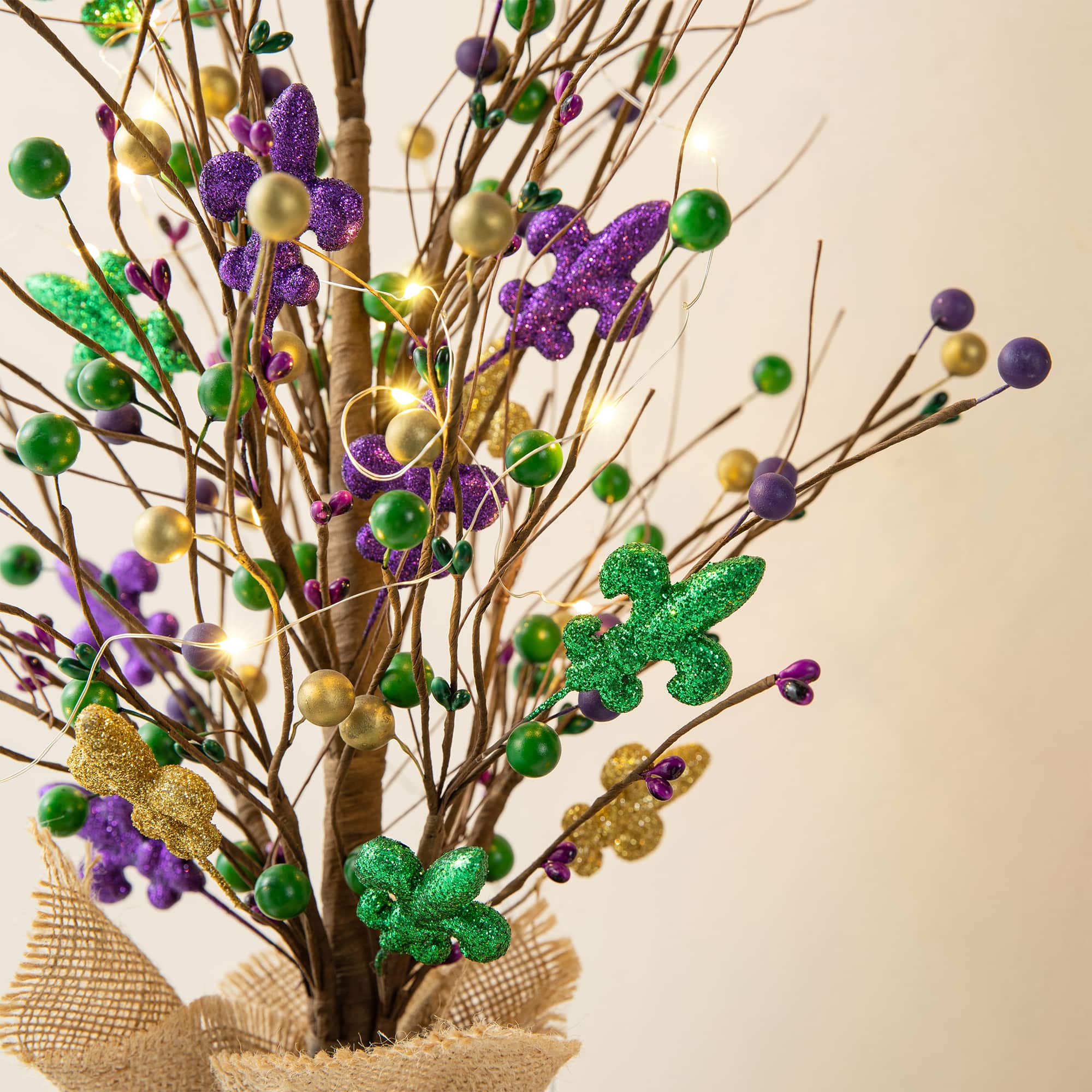 Glitzhome® 21" Lighted Mardi Gras Fleur-de-Lis & Berry Table Tree