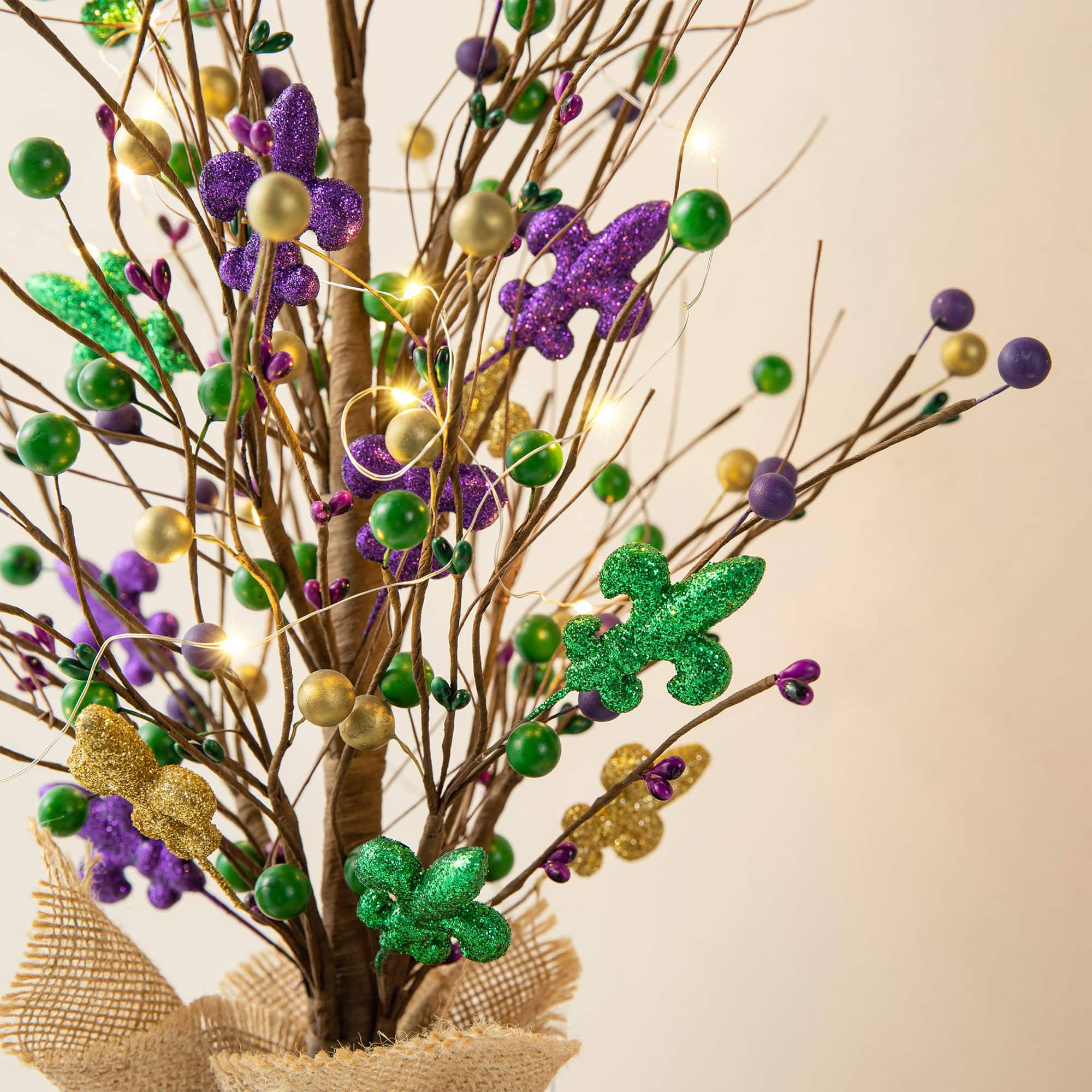 Glitzhome&#xAE; 21&#x22; Lighted Mardi Gras Fleur-de-Lis &#x26; Berry Table Tree