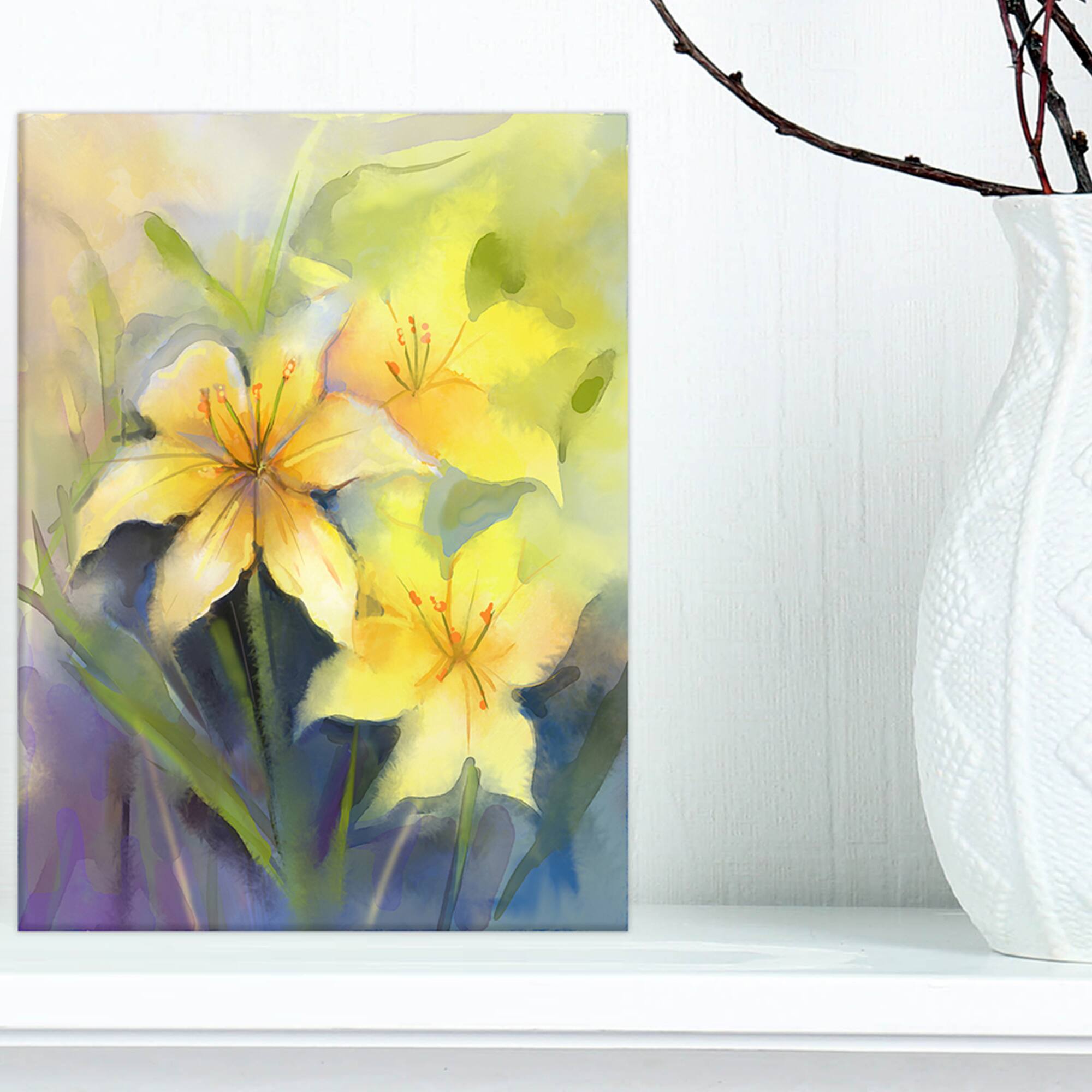 Designart - Watercolor Painting Yellow Lily Flower - Large Floral Canvas Artwork