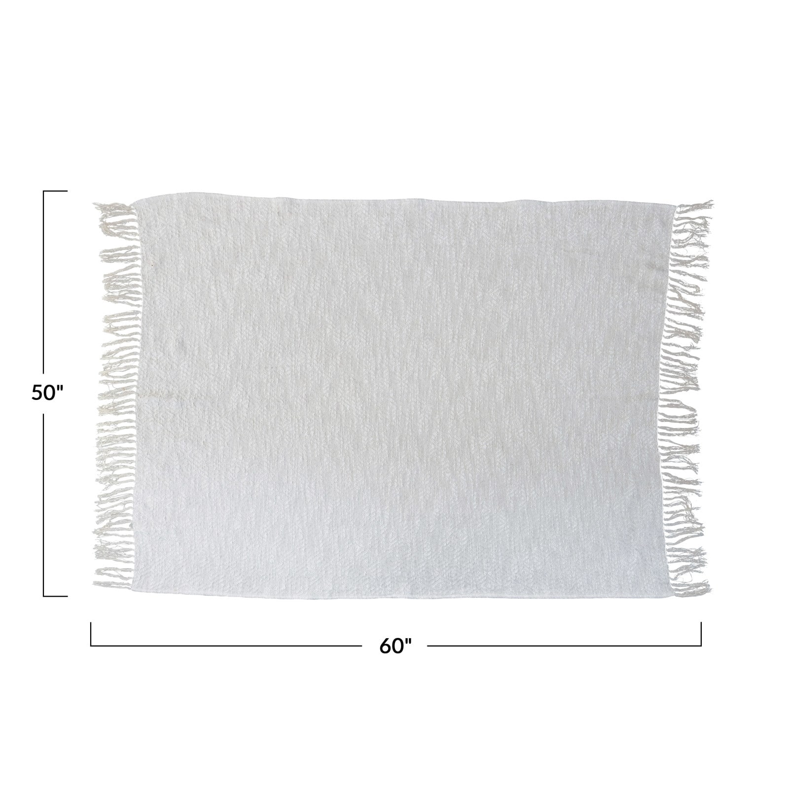  Cotton Throw Blanket with Silver Metallic Thread and Fringe, Cream