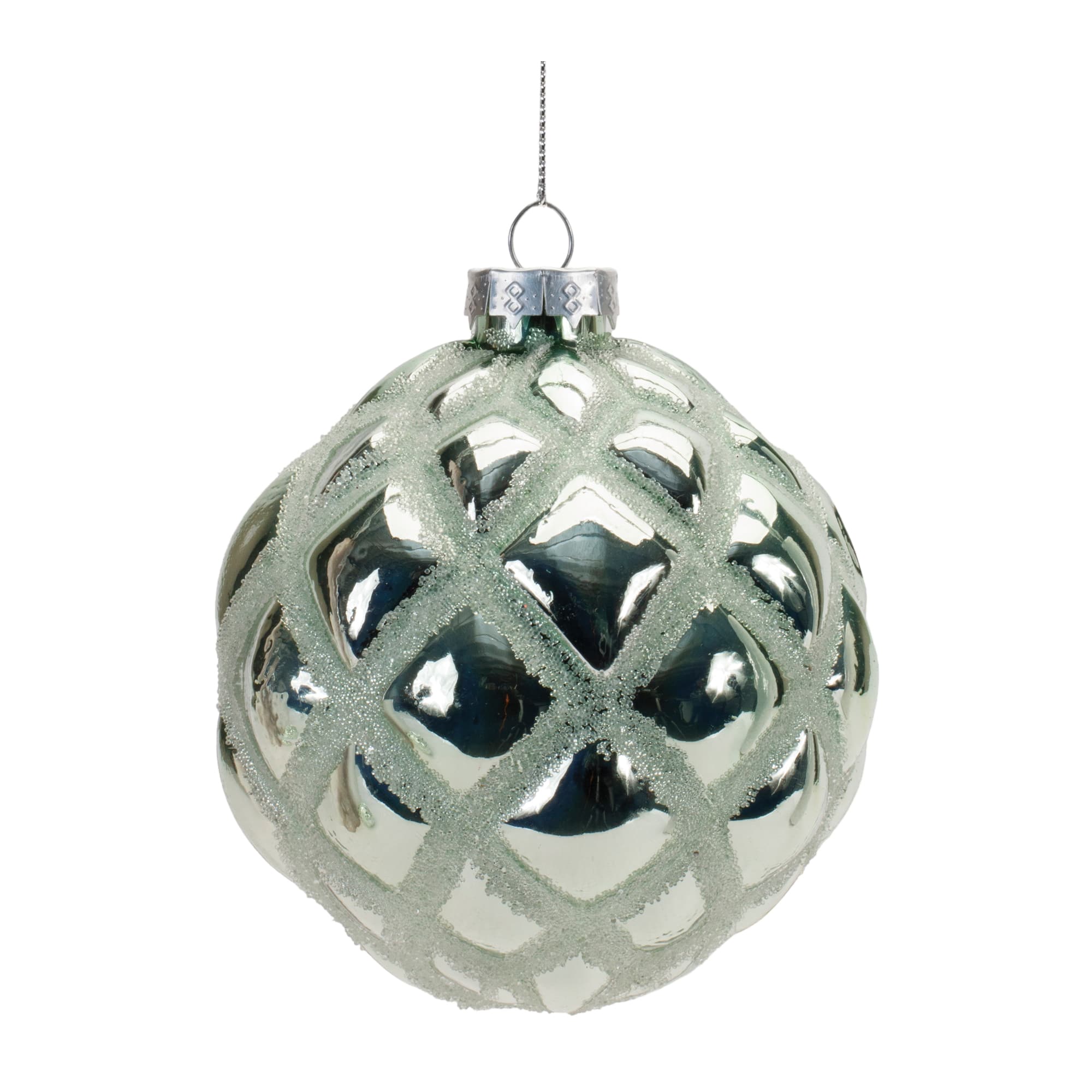 Green Beaded Harlequin Glass Ball Ornaments Set