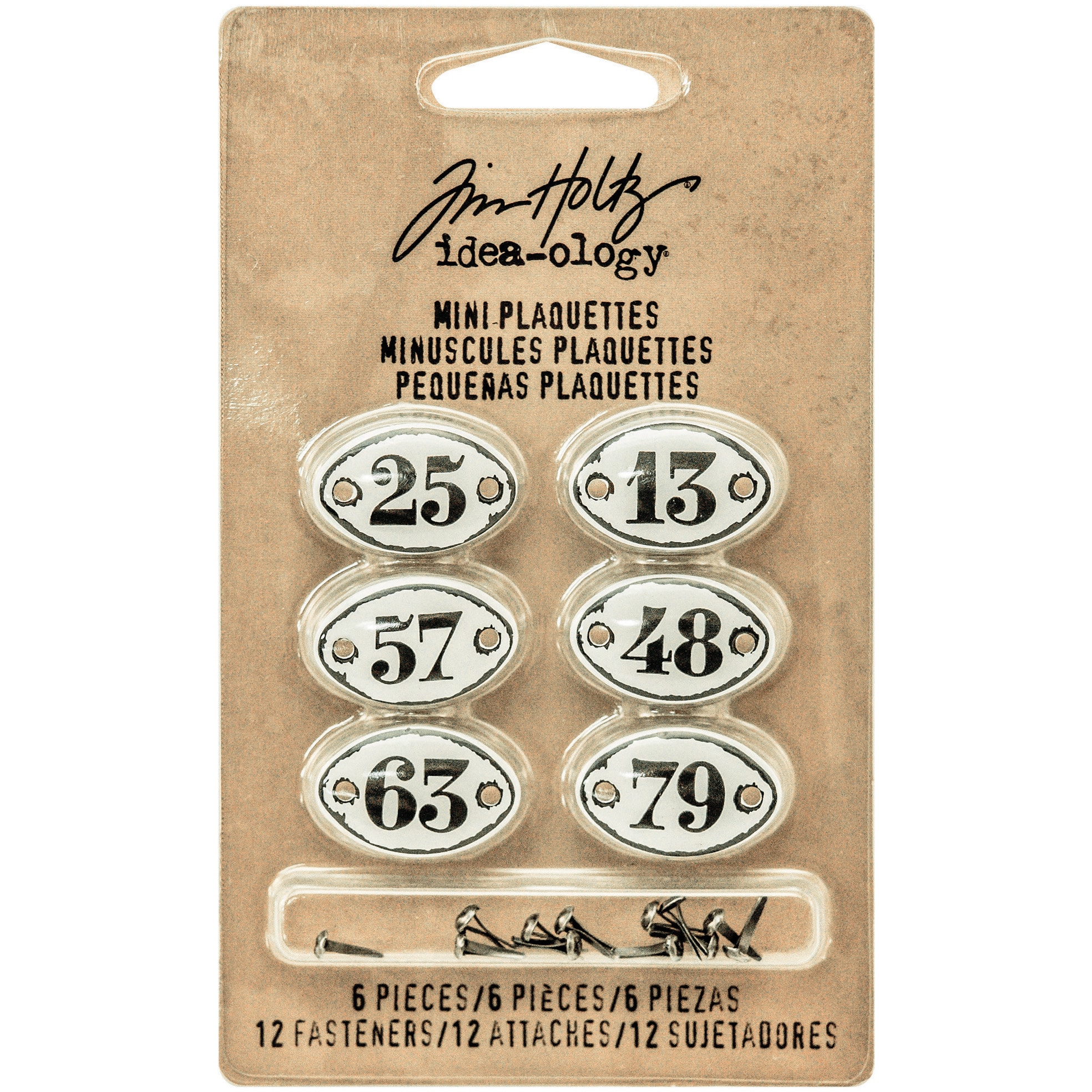 Idea-Ology Metal Number Plaquettes W/Brads 6/Pkg-White W/Black Numbers .5&#x22;X.75&#x22;