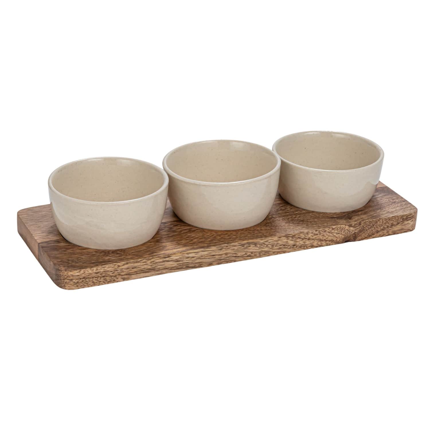 Cream Stoneware Bowls &#x26; Natural Mango Wood Tray Set