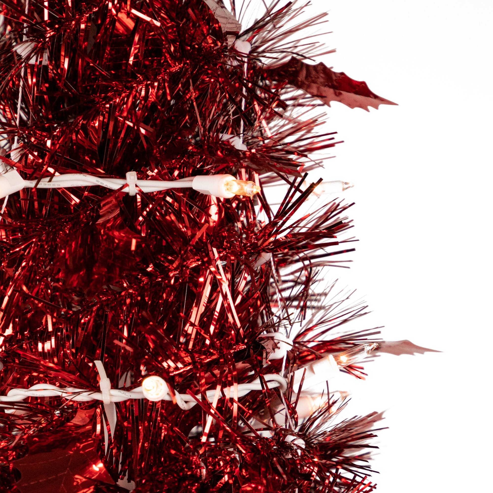 6ft. Pre-Lit Red Tinsel Artificial Pop-Up Christmas Tree, Clear Lights